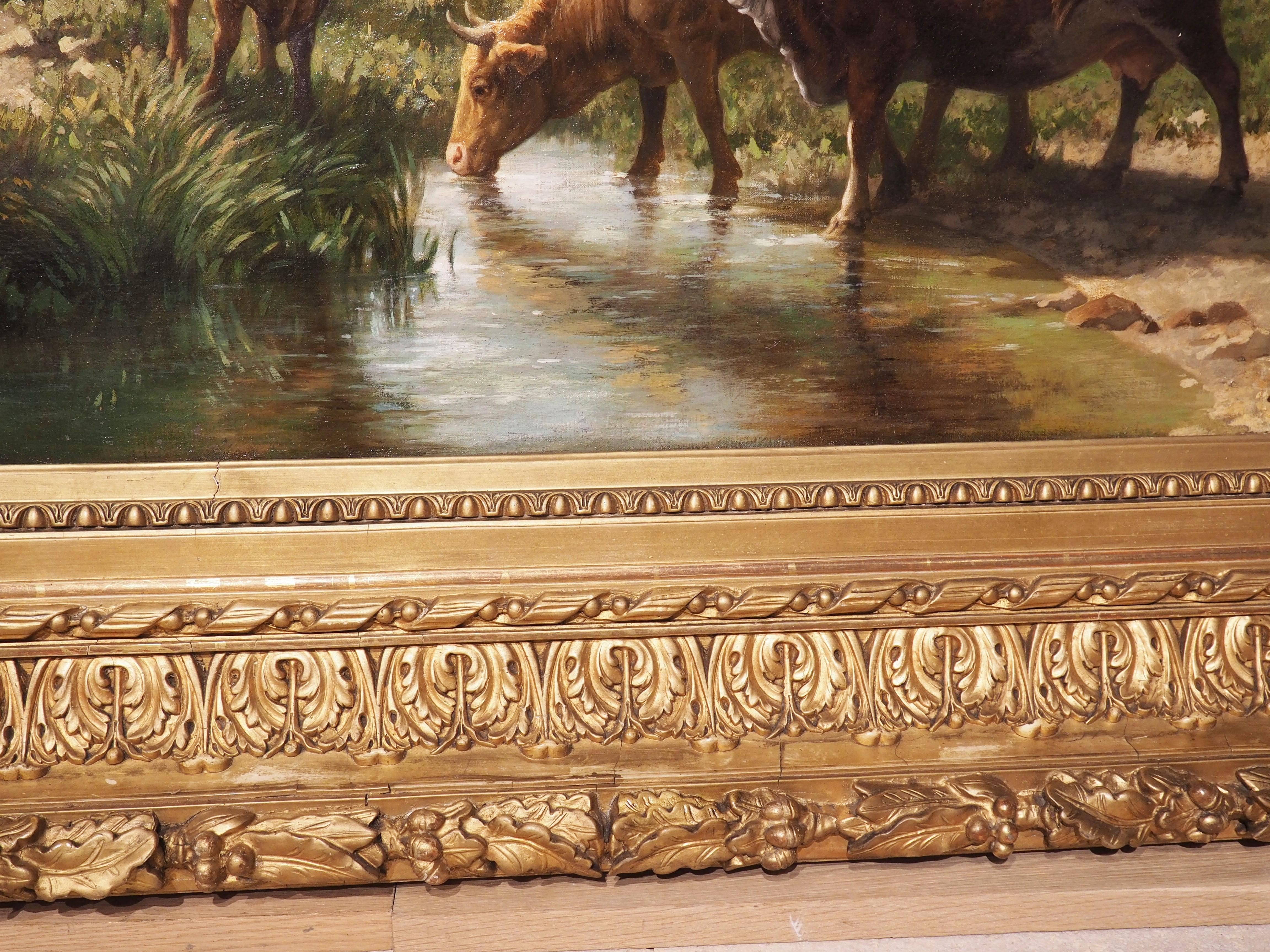 Hand-Carved Large Antique Oil on Canvas French Pastoral Cow Painting, Signed and Dated, 1877