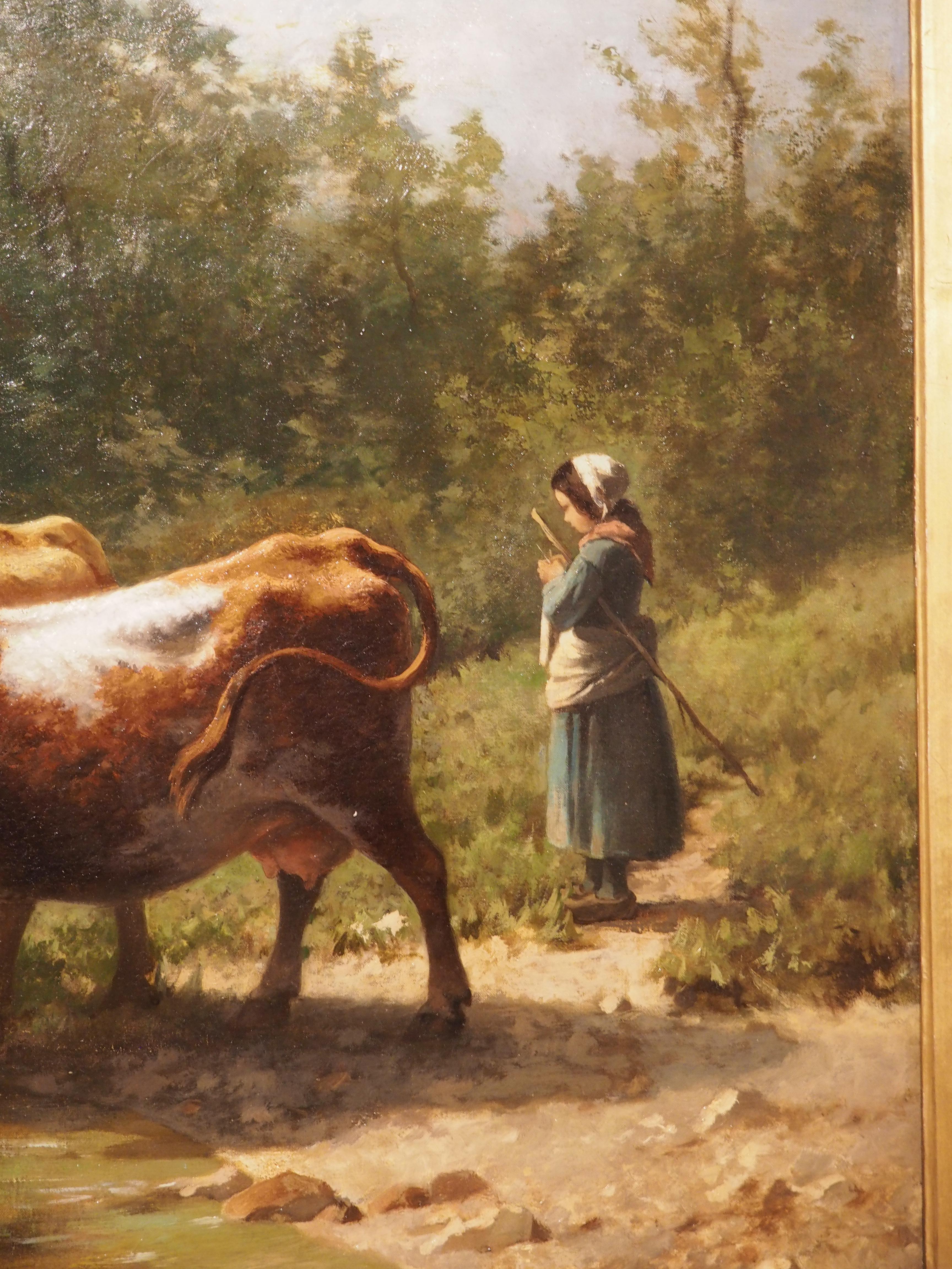 Large Antique Oil on Canvas French Pastoral Cow Painting, Signed and Dated, 1877 3