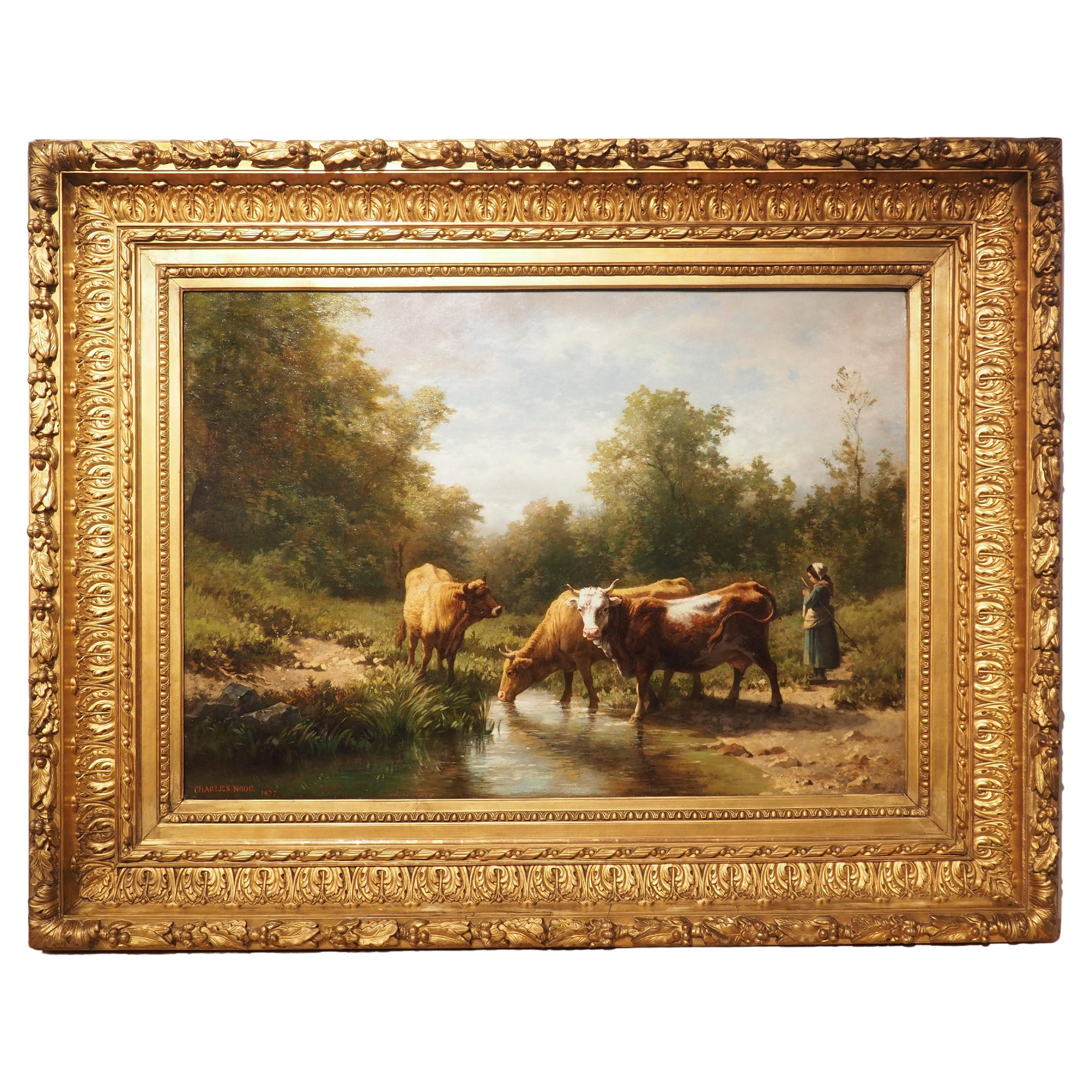 Large Antique Oil on Canvas French Pastoral Cow Painting, Signed and Dated, 1877