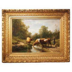 Large Antique Oil on Canvas French Pastoral Cow Painting, Signed and Dated, 1877