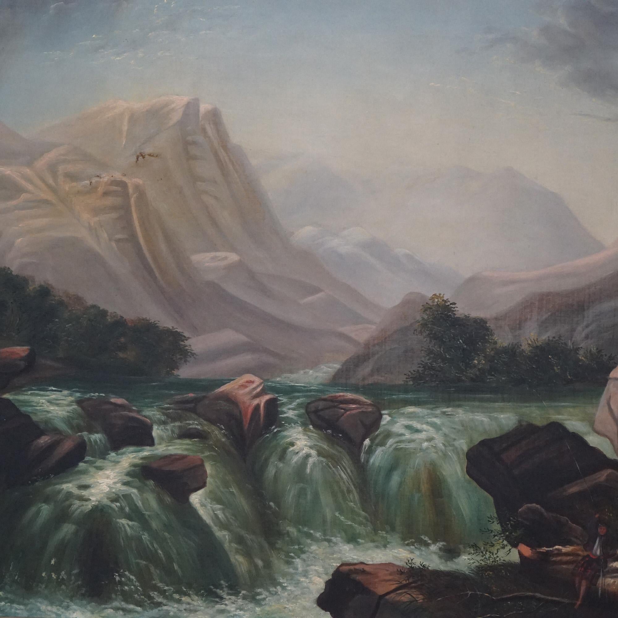 An oversized antique Hudson River School landscape painting offers oil on canvas mountain scene with stream, seated in giltwood frame, circa 1890

Measures - 39.75