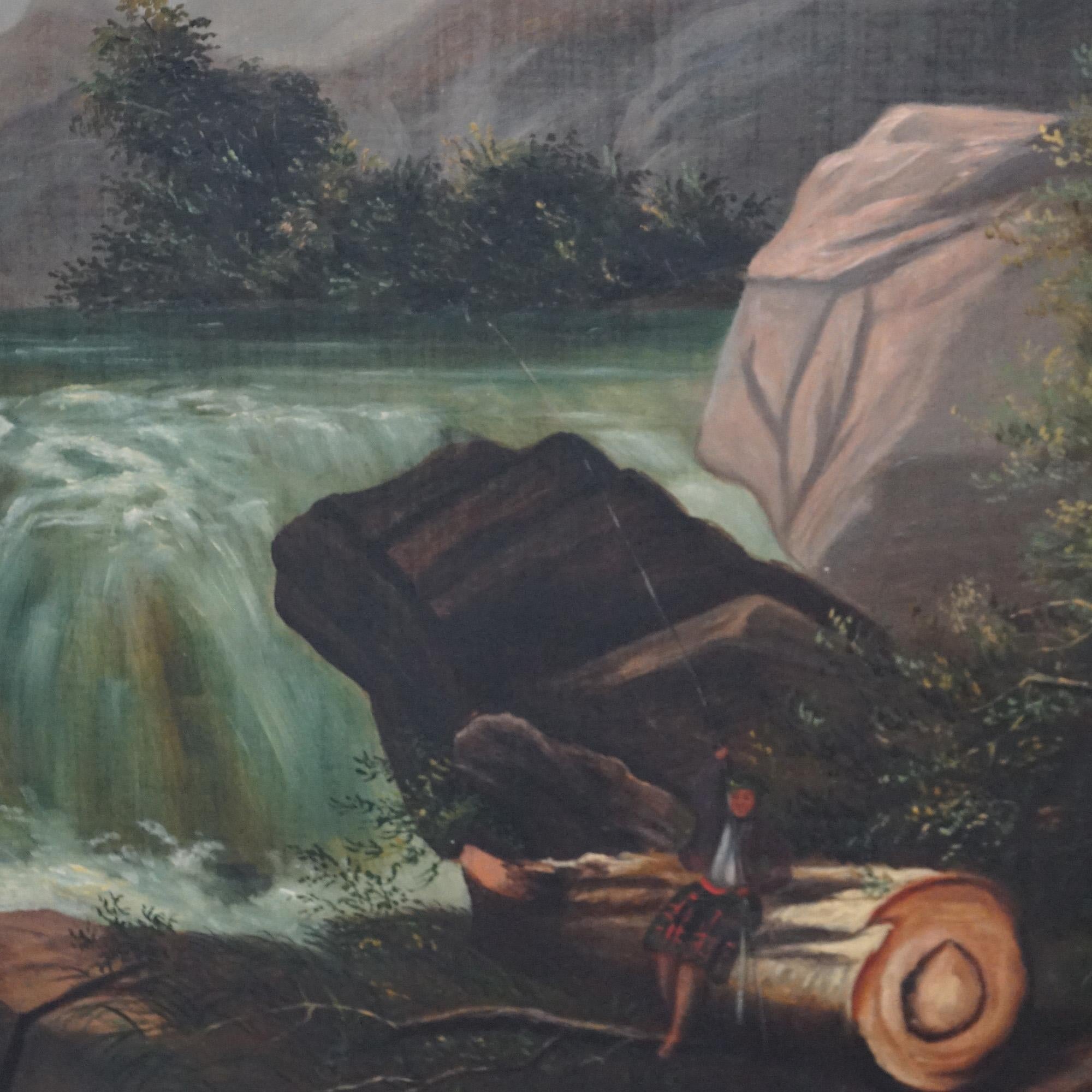 Painted Large Antique Oil on Canvas Hudson River School Landscape Painting circa 1890