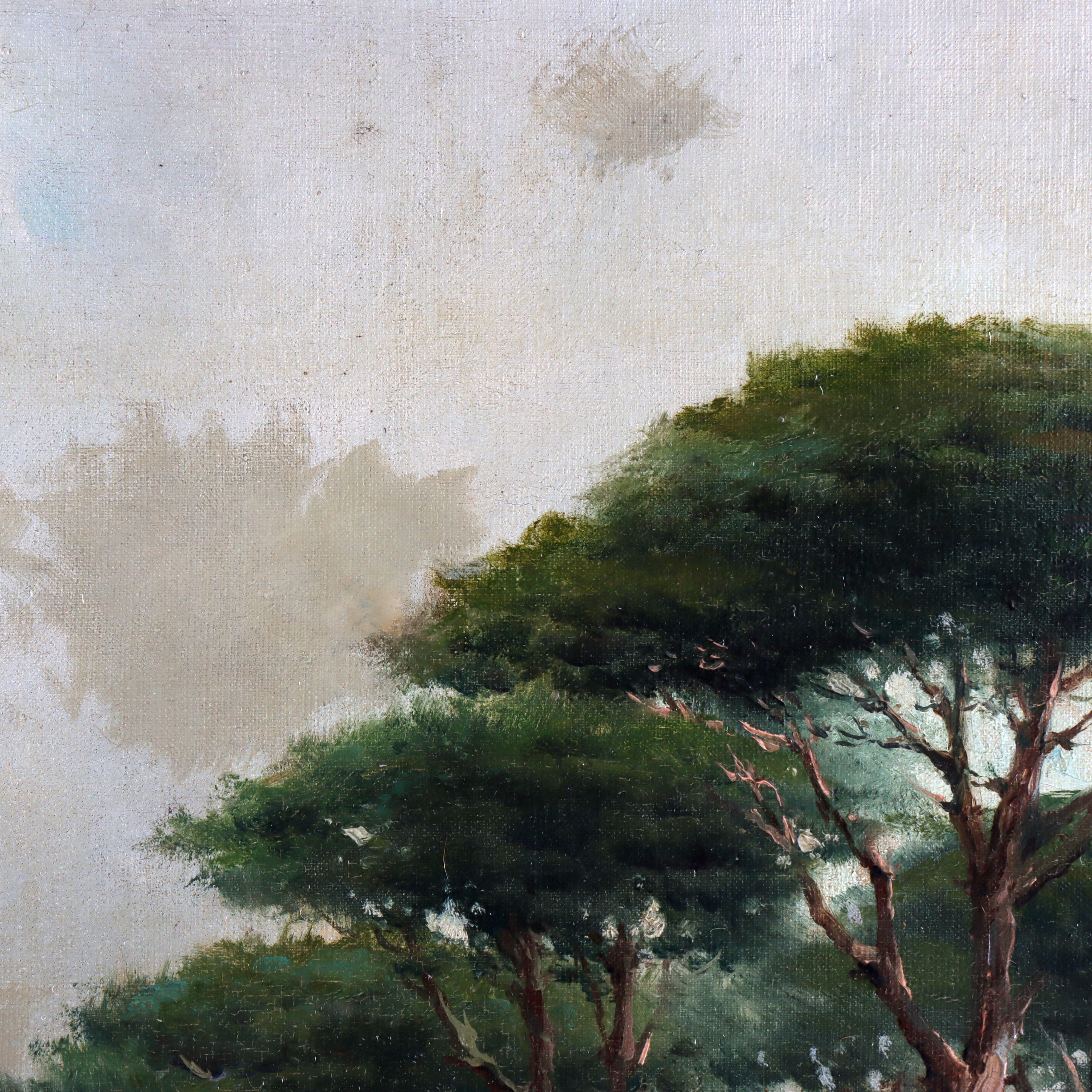 Grande peinture de paysage ancienne à l'huile sur toile C1907 en vente 5