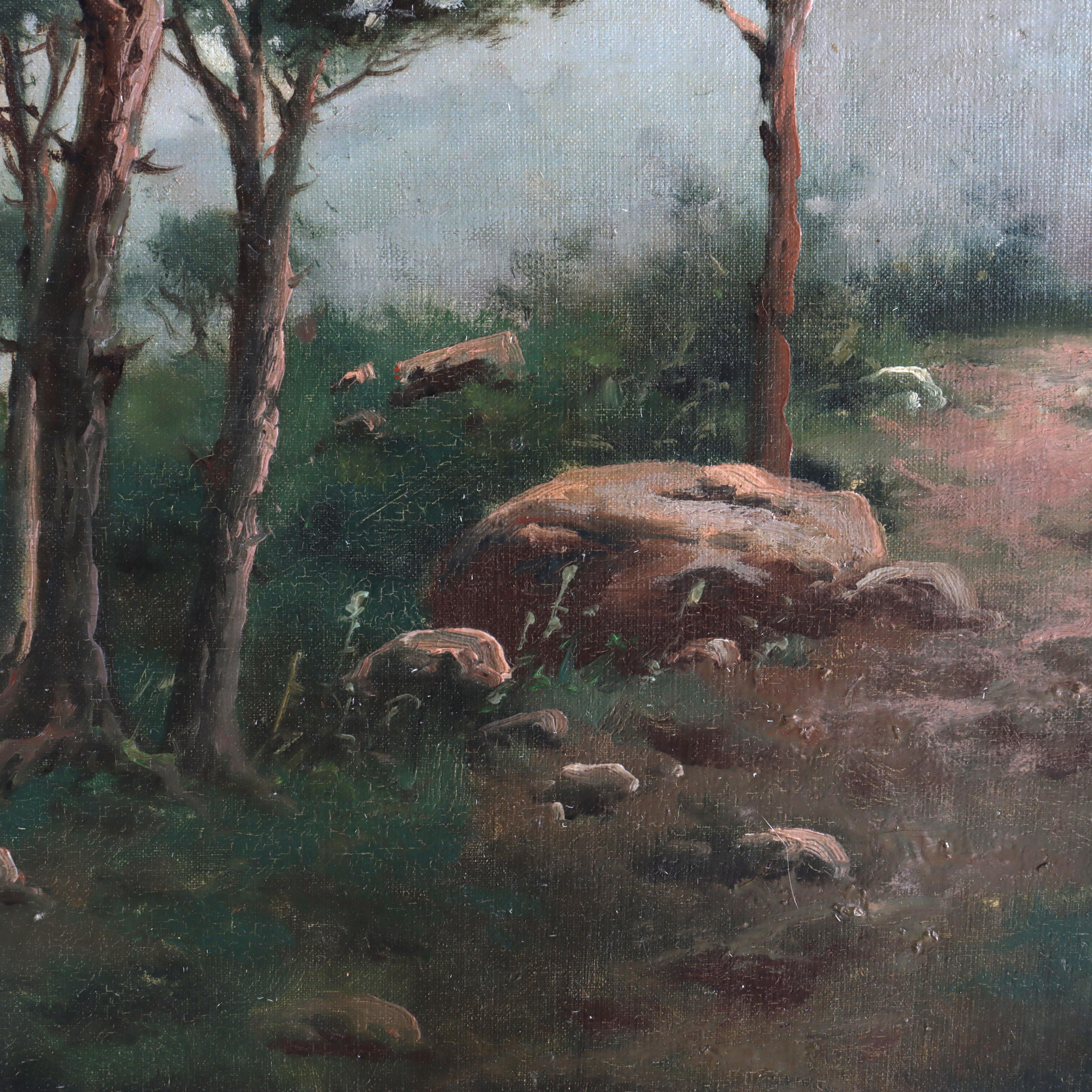 Grande peinture de paysage ancienne à l'huile sur toile C1907 Bon état - En vente à Big Flats, NY