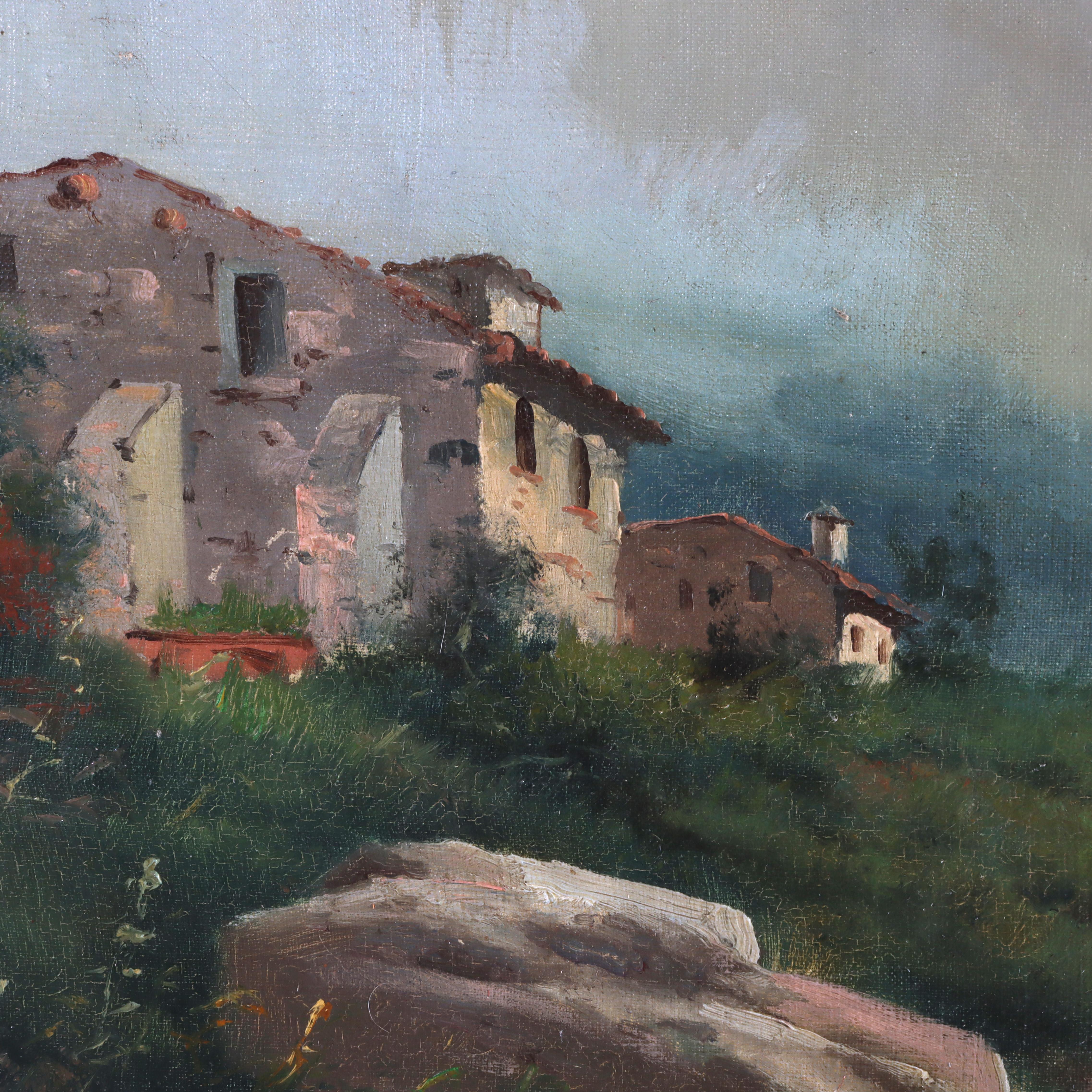 20ième siècle Grande peinture de paysage ancienne à l'huile sur toile C1907 en vente