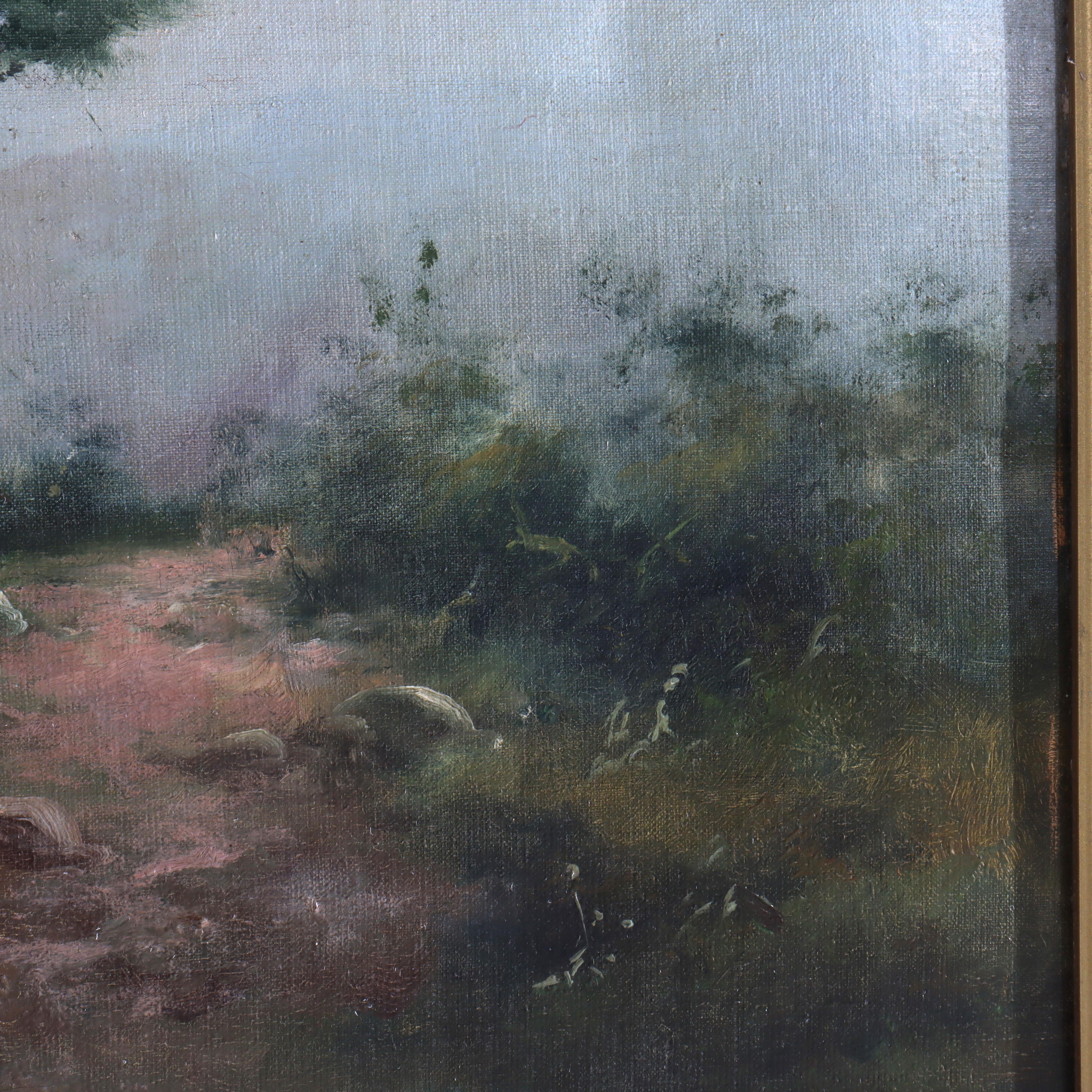 Toile Grande peinture de paysage ancienne à l'huile sur toile C1907 en vente