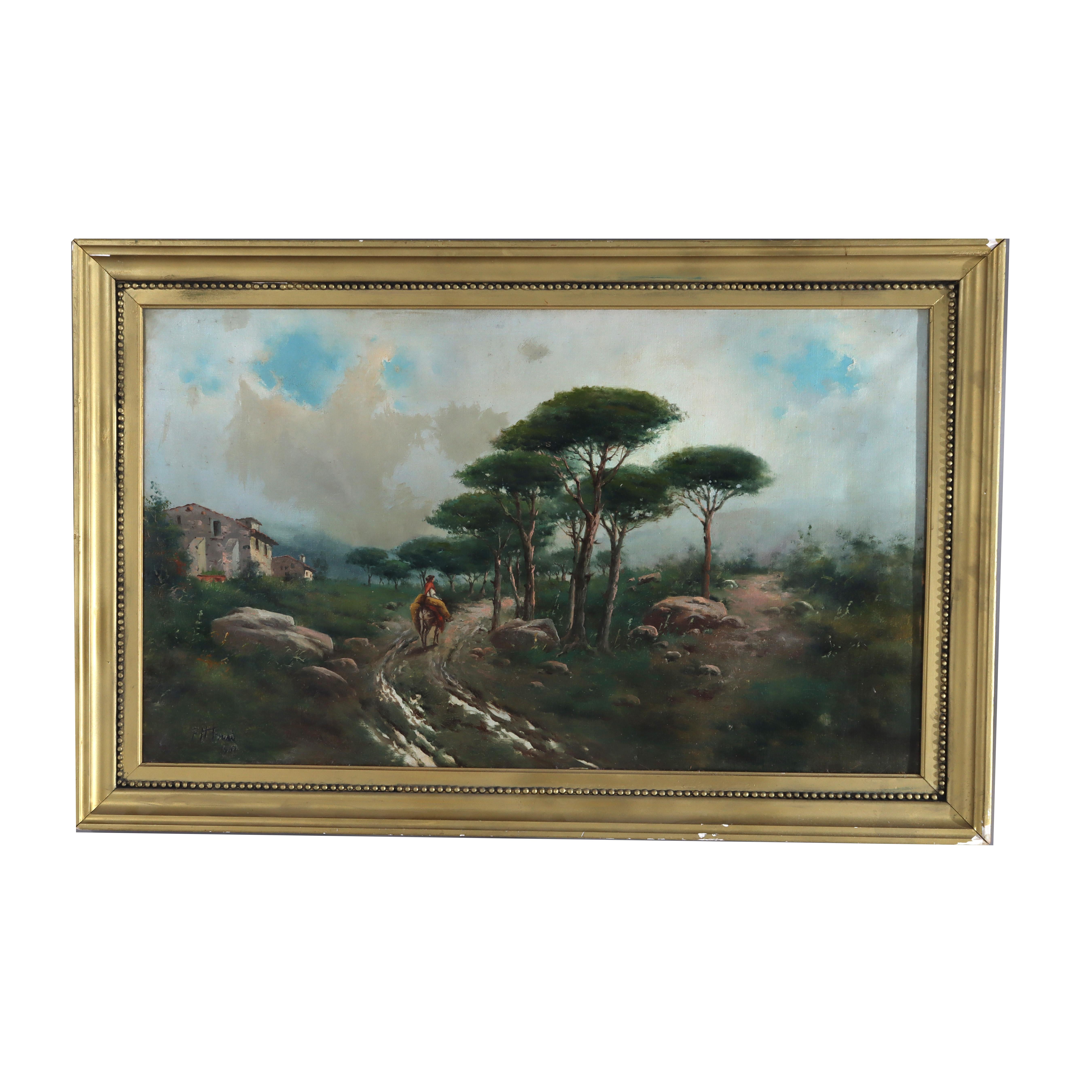 Grande peinture de paysage ancienne à l'huile sur toile C1907 en vente 1