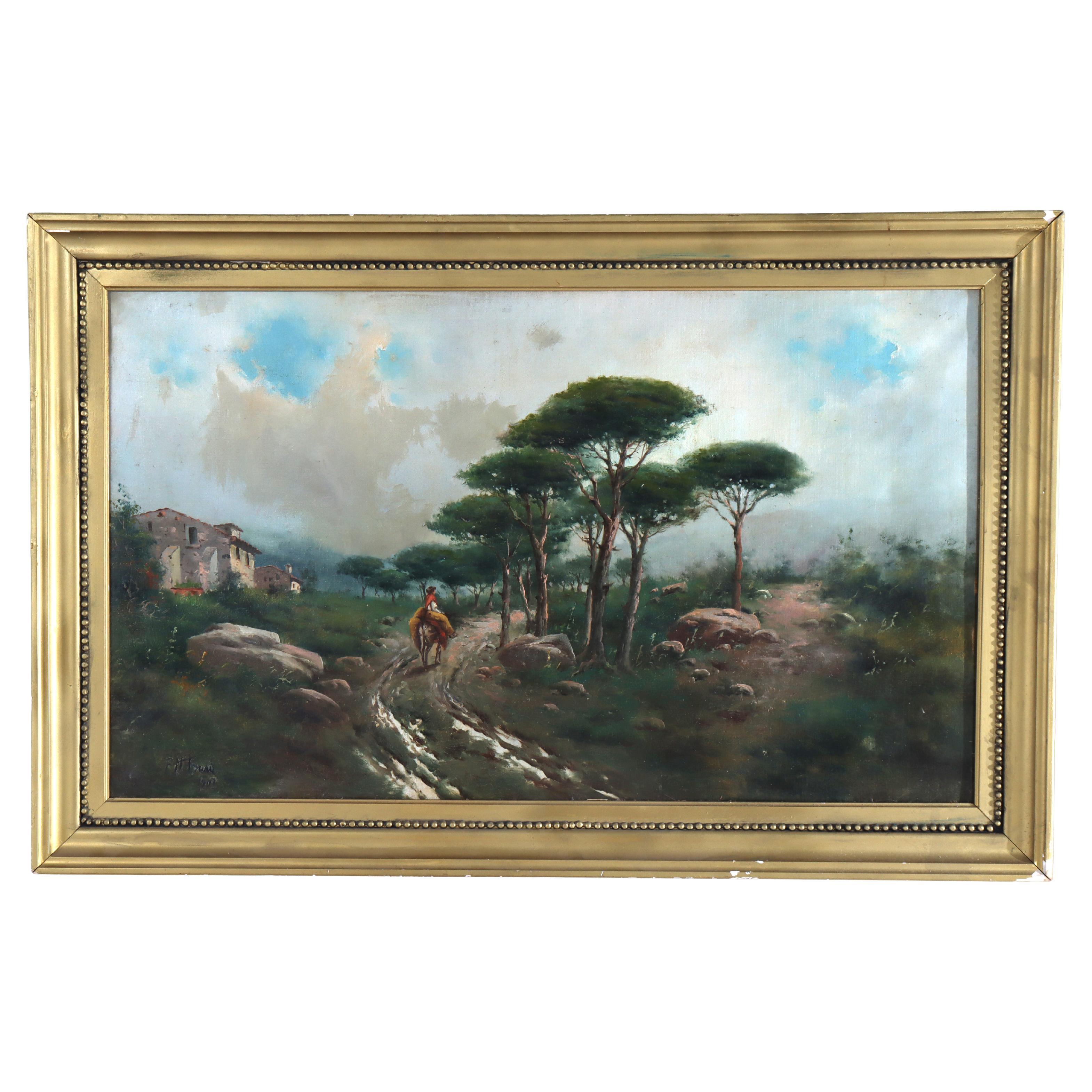 Grande peinture de paysage ancienne à l'huile sur toile C1907 en vente