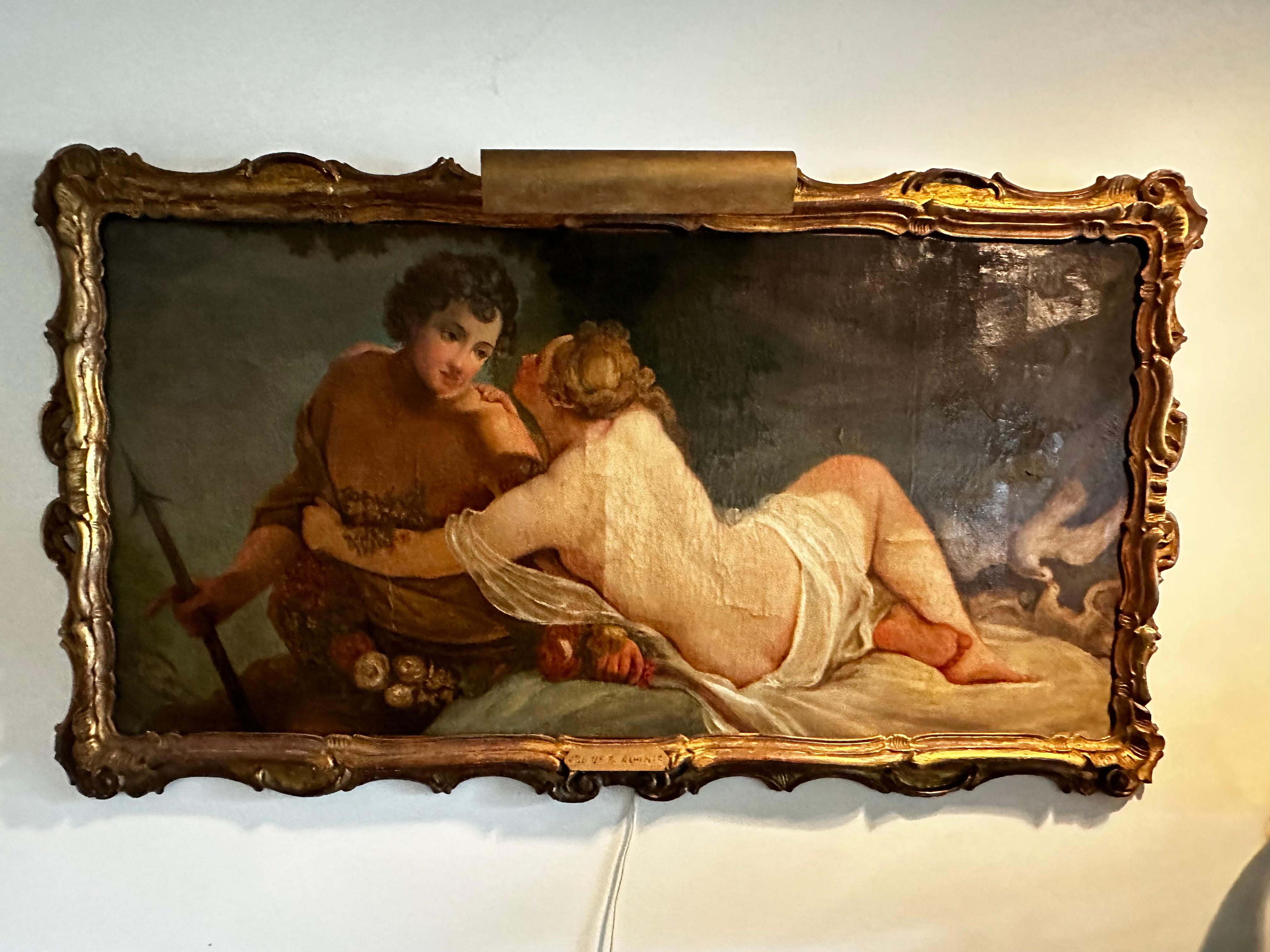 Gran óleo antiguo sobre lienzo de Venus y Adonis con marco de madera dorada Renacimiento en venta