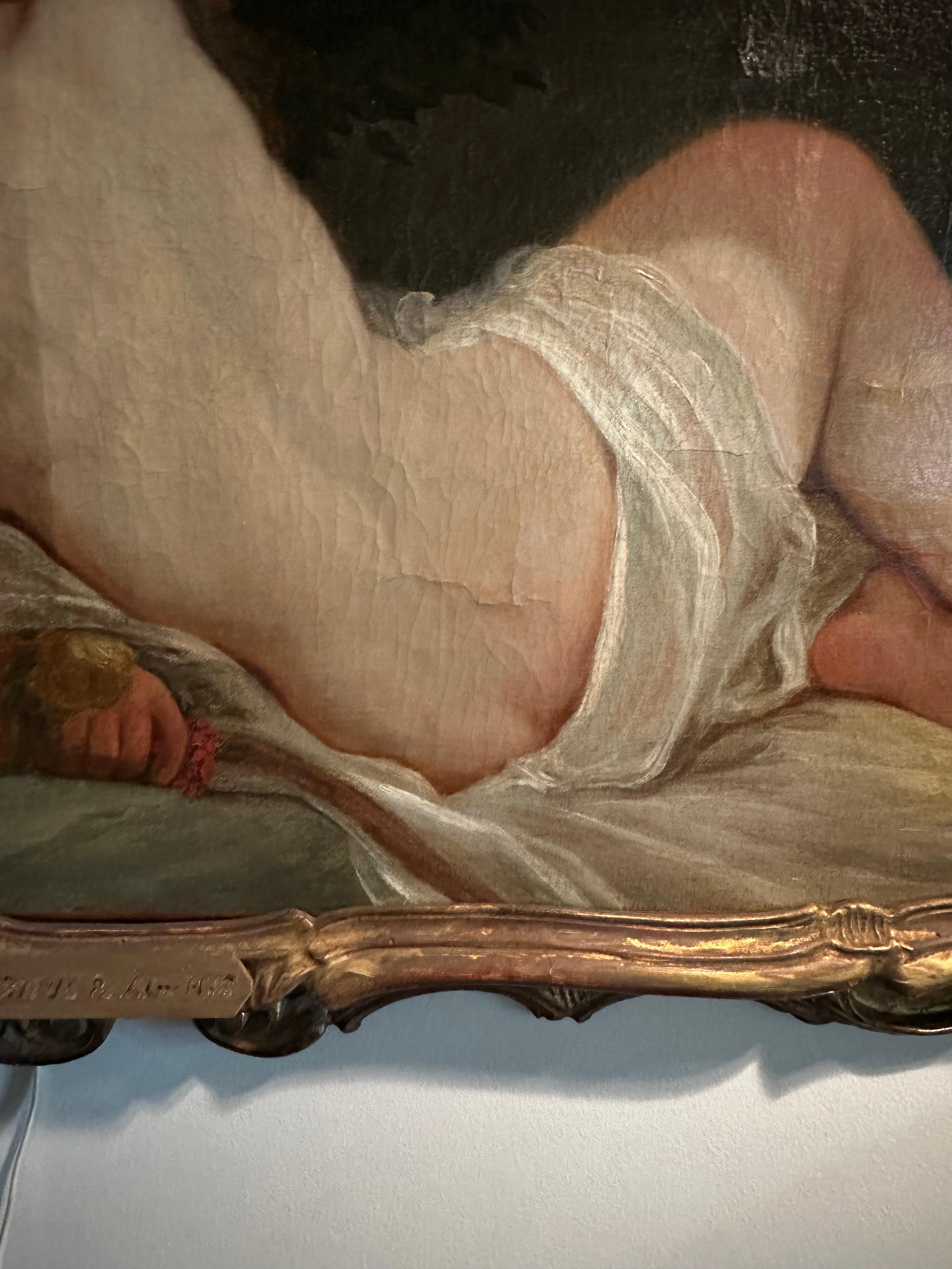 Gran óleo antiguo sobre lienzo de Venus y Adonis con marco de madera dorada Estadounidense en venta