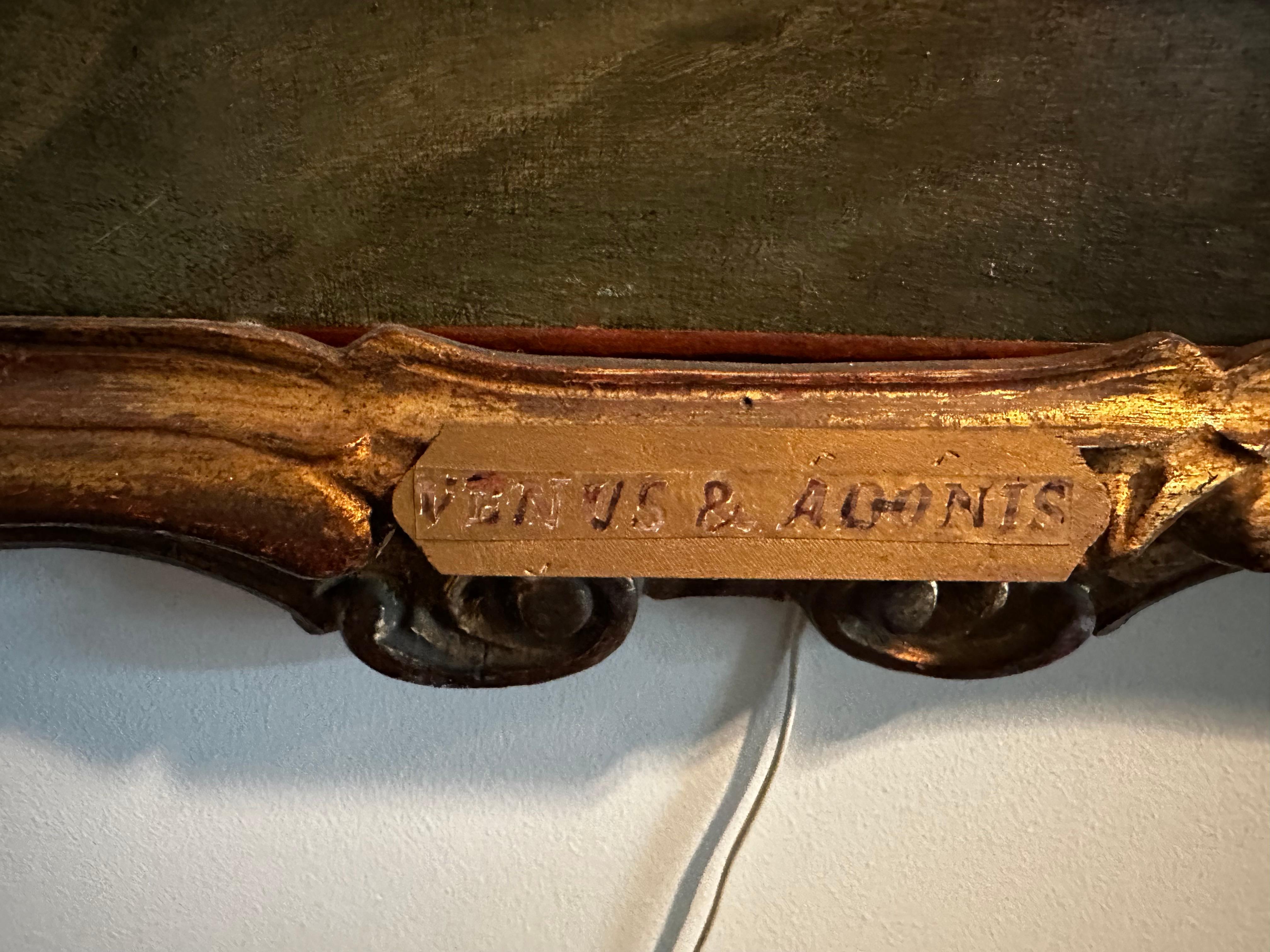 Gran óleo antiguo sobre lienzo de Venus y Adonis con marco de madera dorada Lienzo en venta