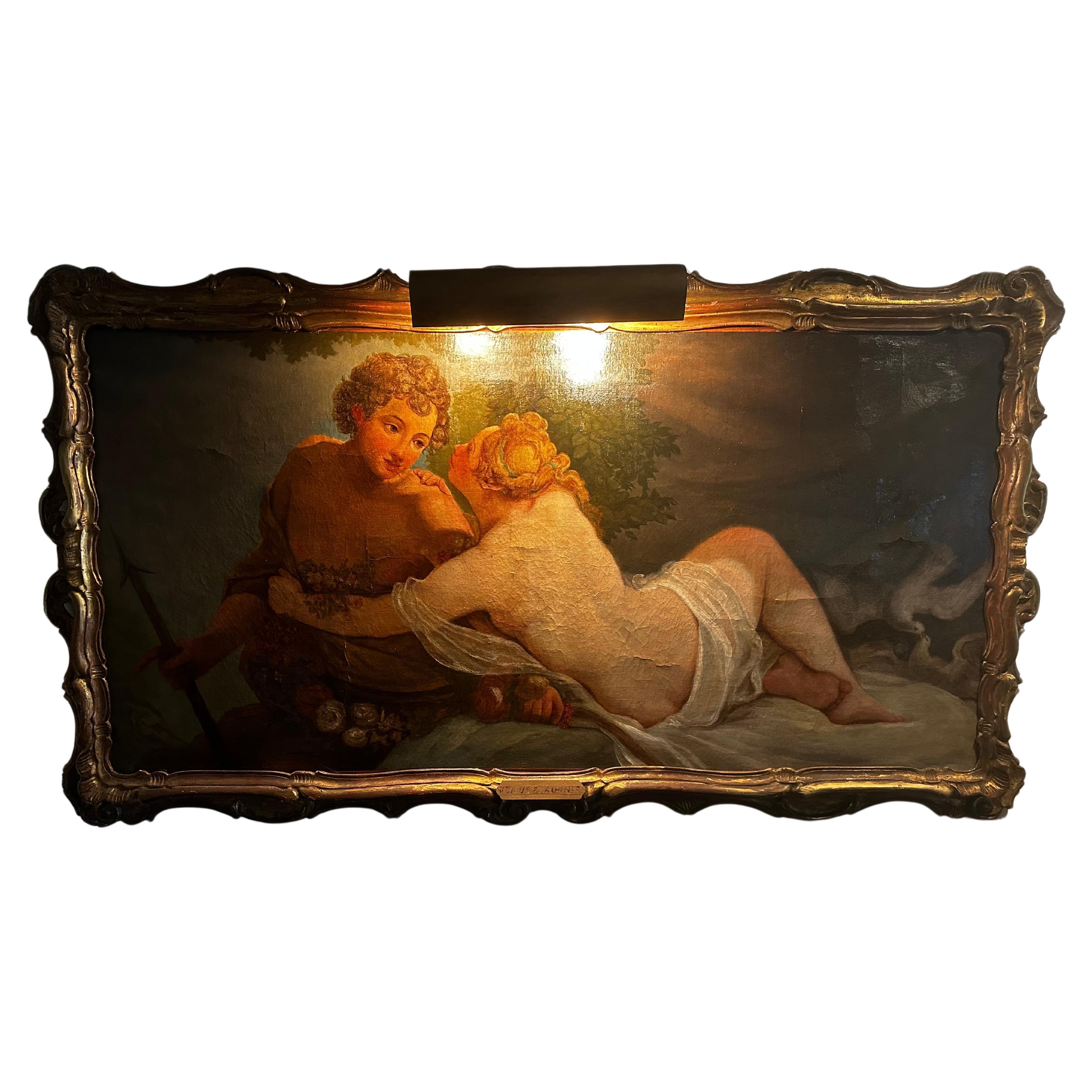 Large Antique Oil on Canvas of Venus & Adonis with Giltwood Frame