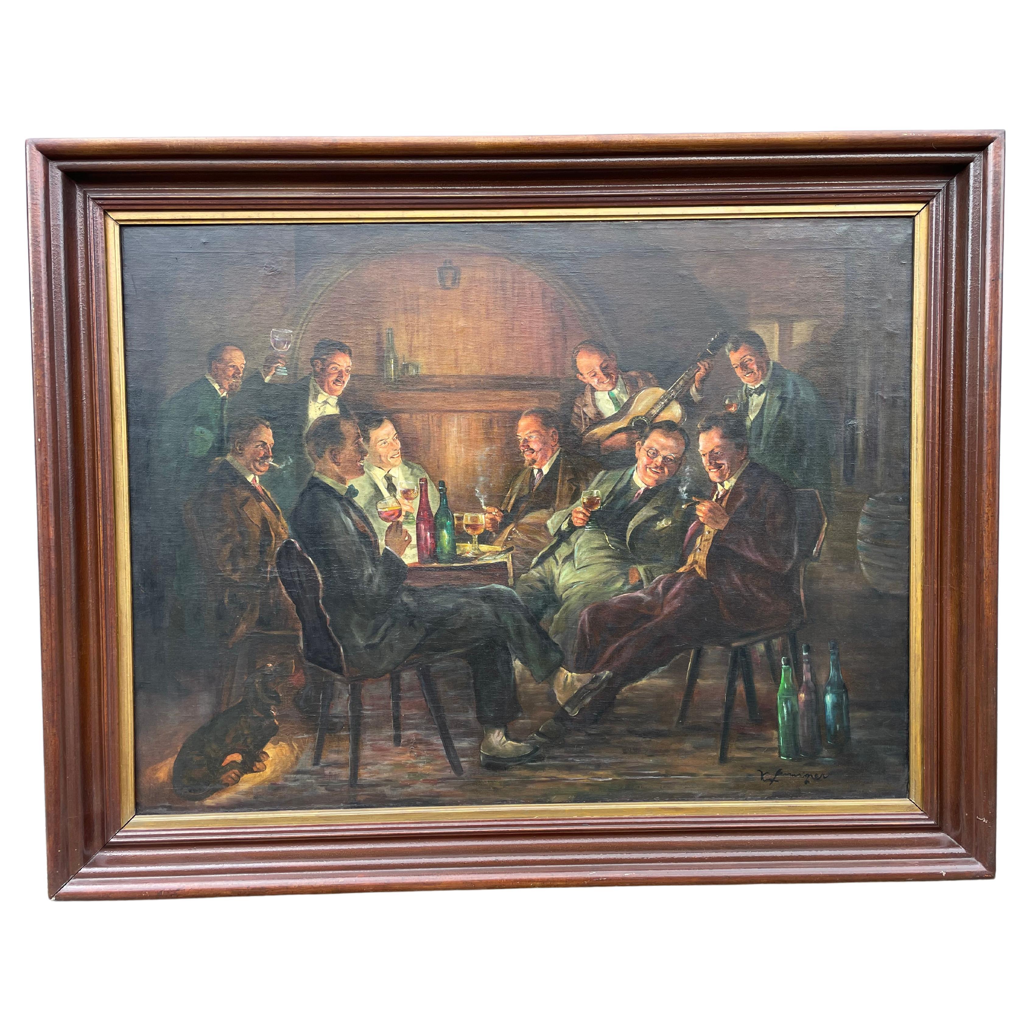 Grande huile sur toile ancienne « Celebration », des hommes buvant du vin et fumant
