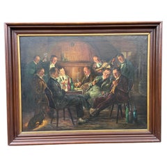Gran cuadro antiguo al óleo sobre lienzo "Celebración", hombres bebiendo vino y fumando