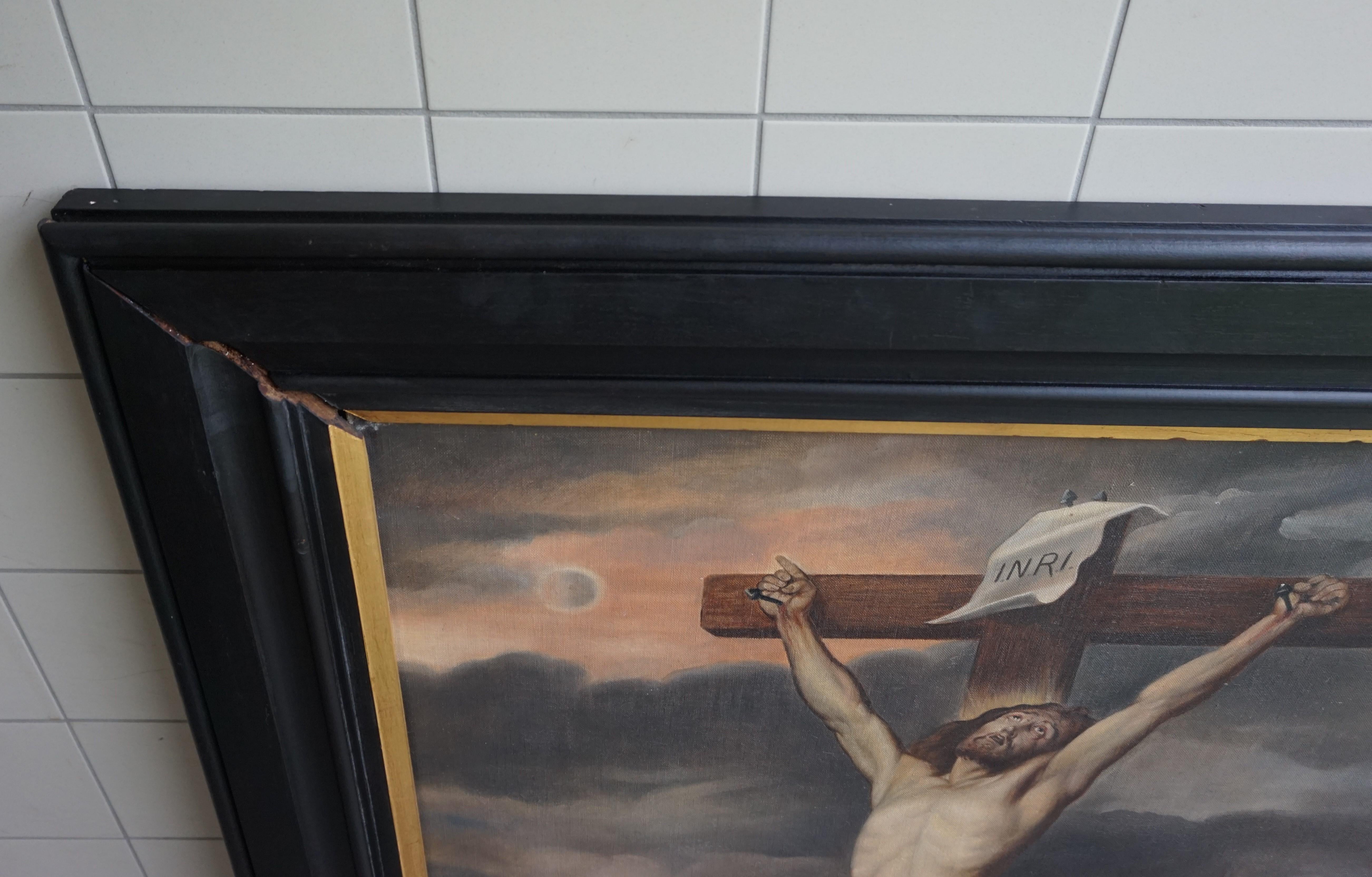 Großes antikes Ölgemälde auf Leinwand, Christus auf dem Kreuz, in ebonisiertem Rahmen im Angebot 10