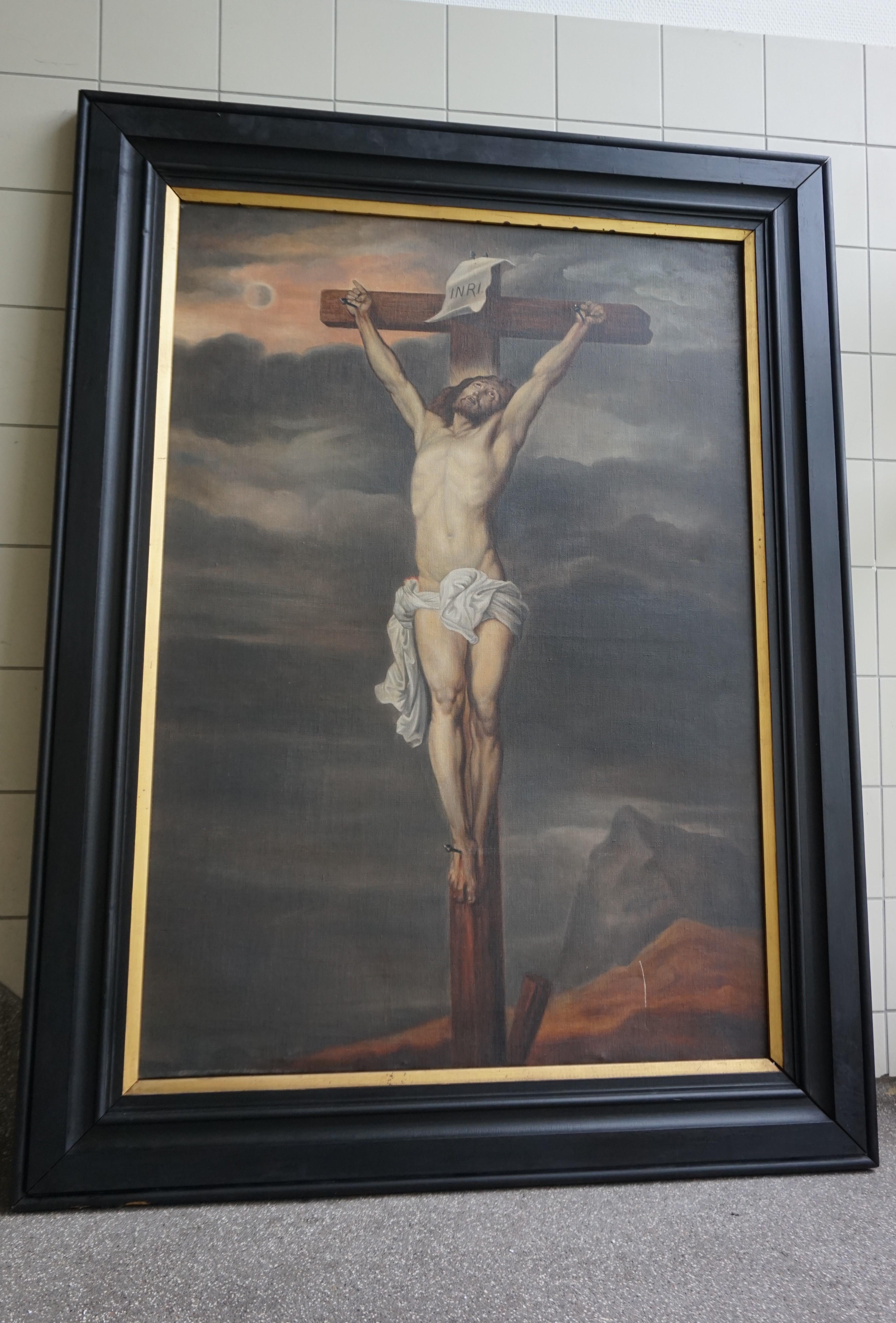 Marvellous work of religious art.

This striking and sizeable painting of Christ on the cross is an impressive sight to see and for more reasons than one. The incredibly well painted, pale body of Christ contrasting strongly against the dark and