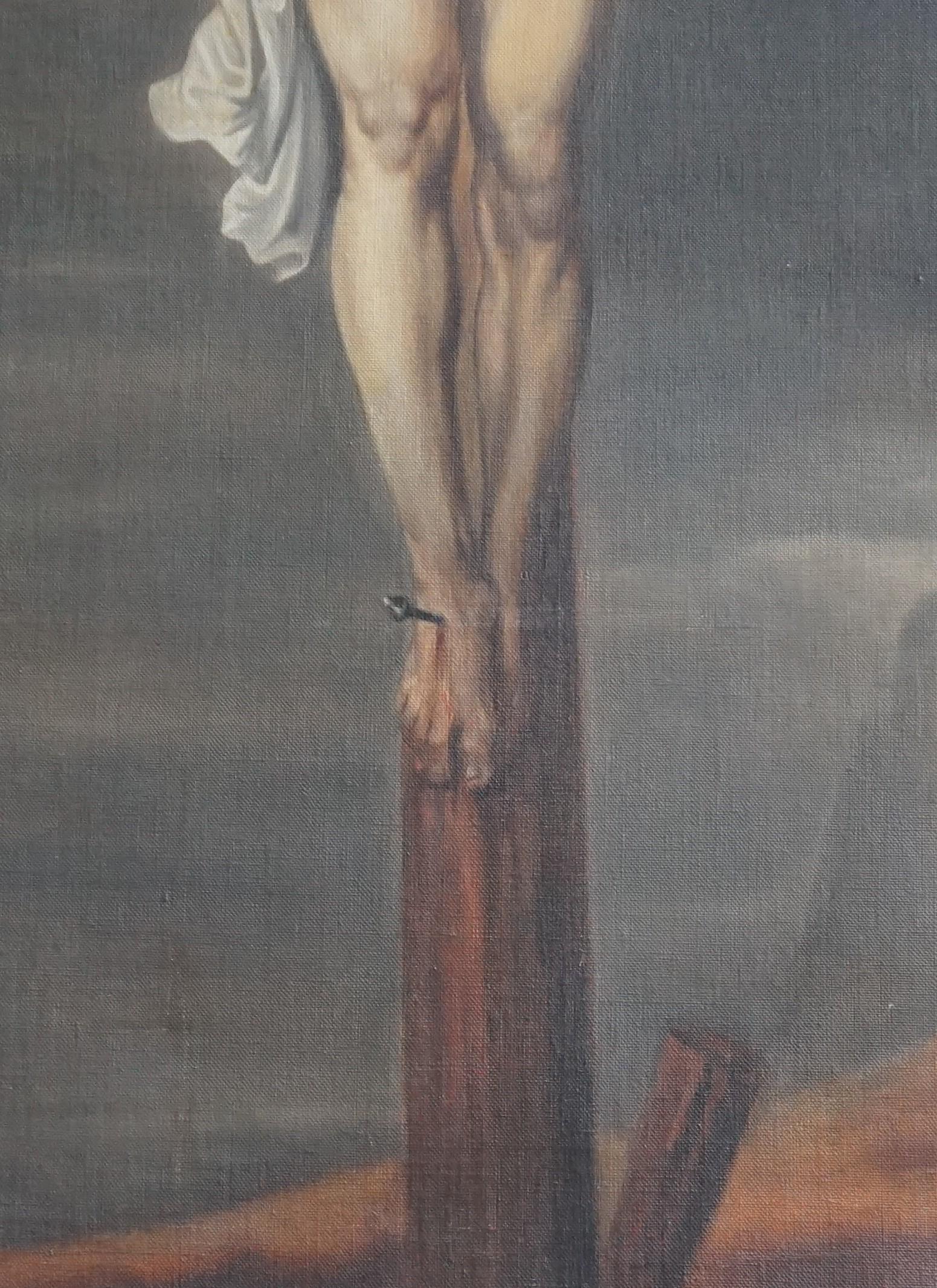 Großes antikes Ölgemälde auf Leinwand, Christus auf dem Kreuz, in ebonisiertem Rahmen (Ebonisiert) im Angebot