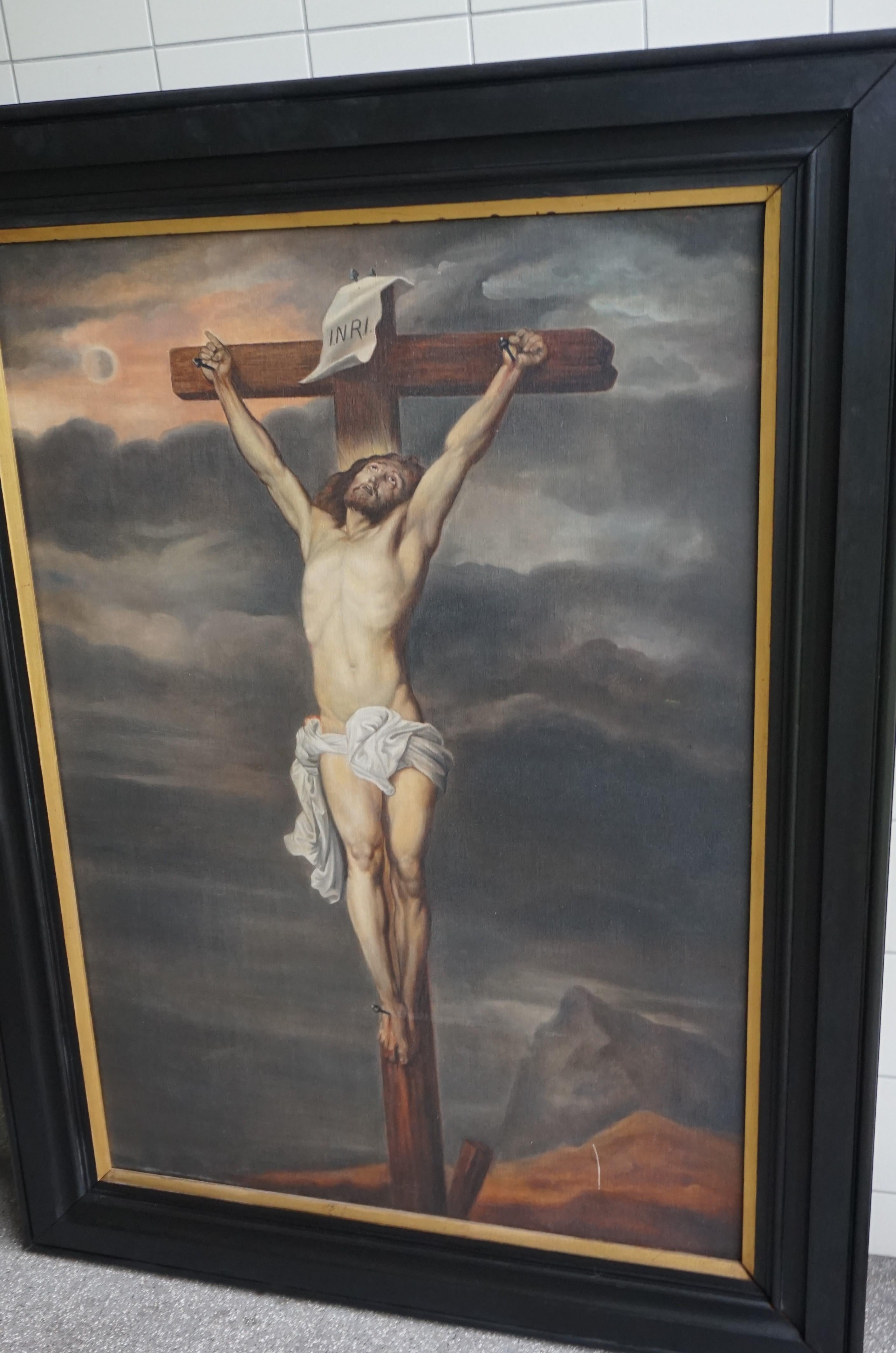 Renaissance Revival Large Antique Oil on Canvas Painting of Christ on the Cross in Ebonized Frame For Sale