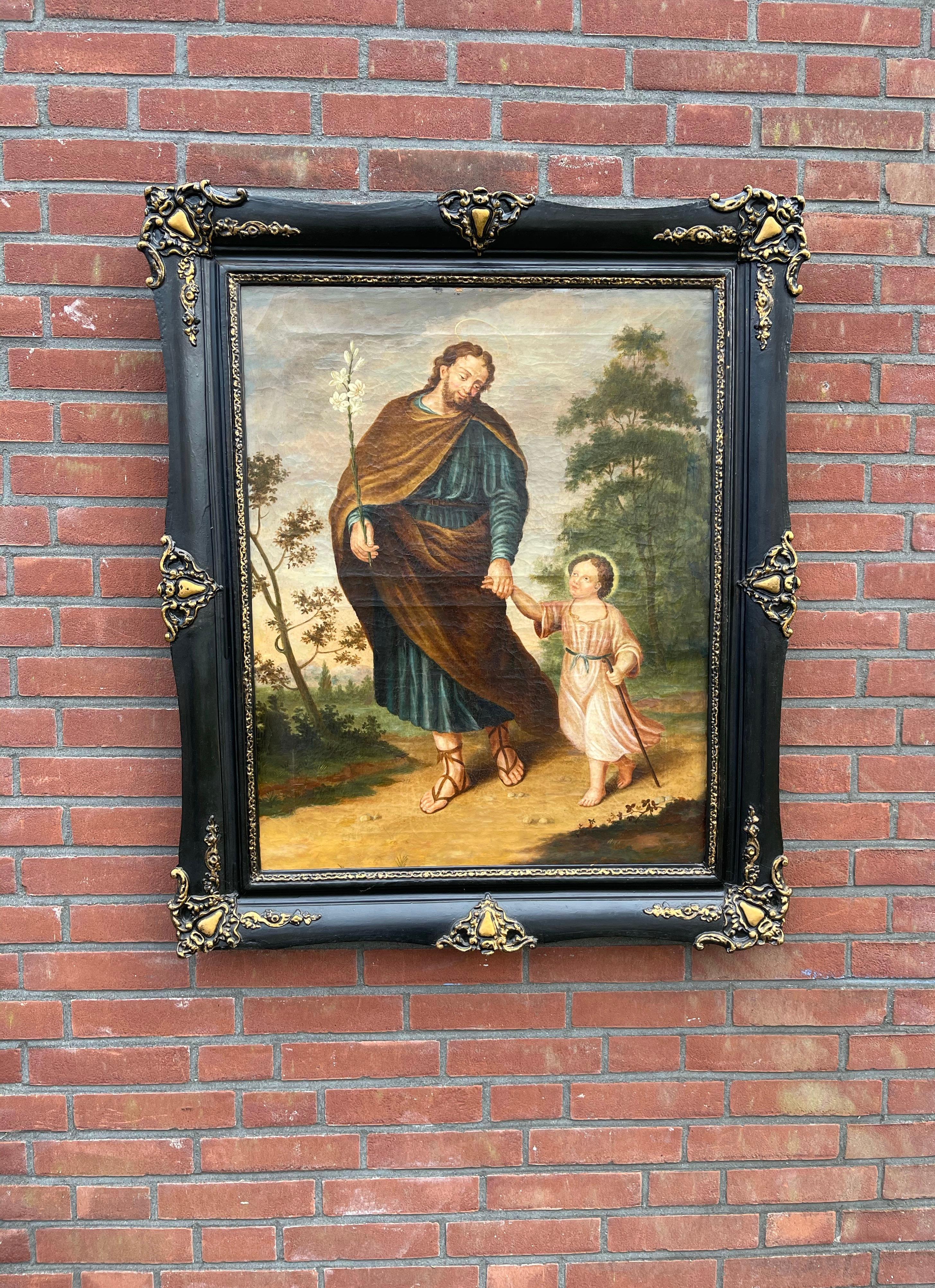 Großes antikes Gemälde in Öl auf Leinwand, Saint Joseph W. Lily und das Kind Jesus (Neobarock) im Angebot