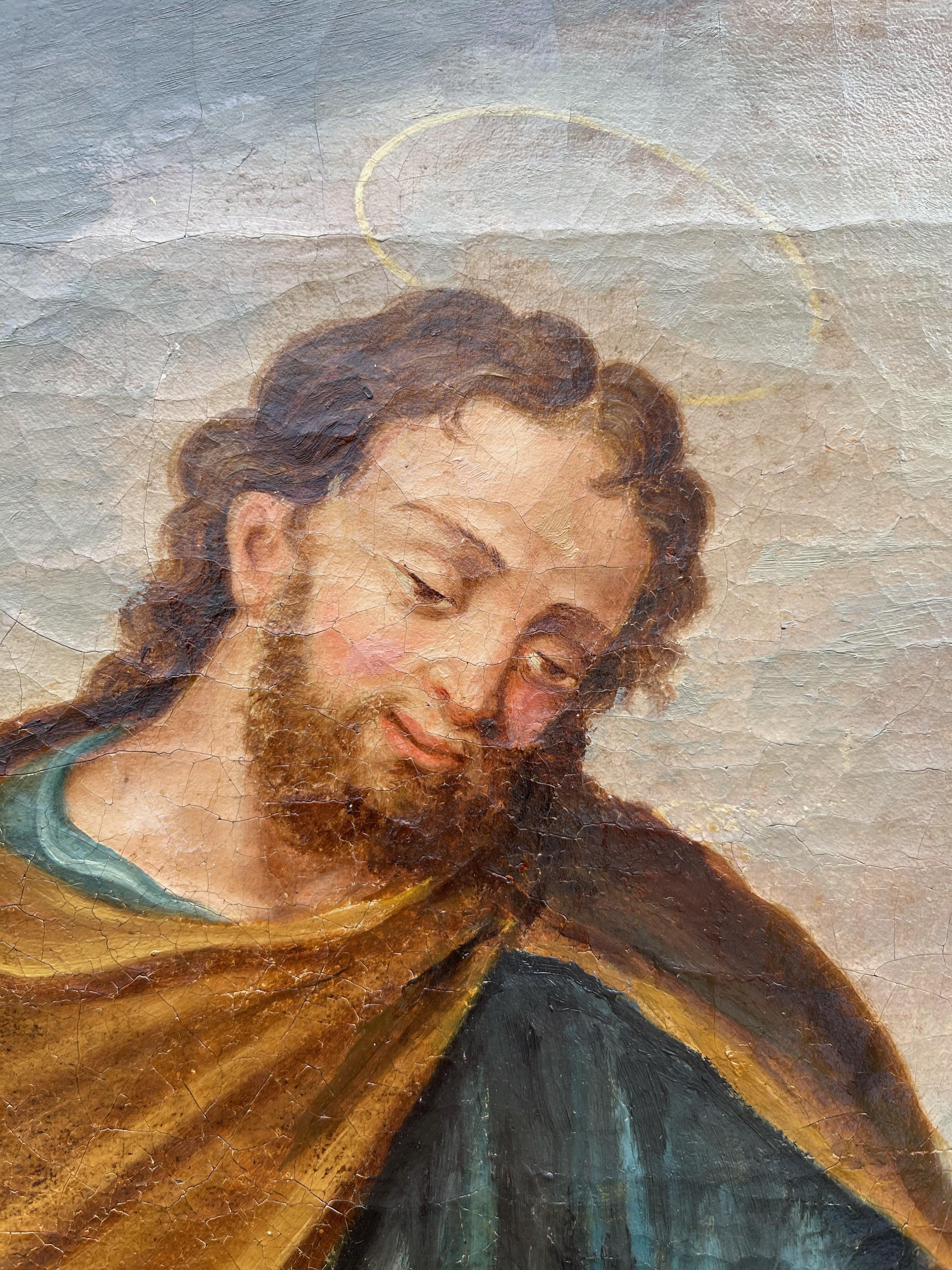 Noirci Grande peinture ancienne à l'huile sur toile de Saint Joseph W. Lily et l'enfant Jésus en vente