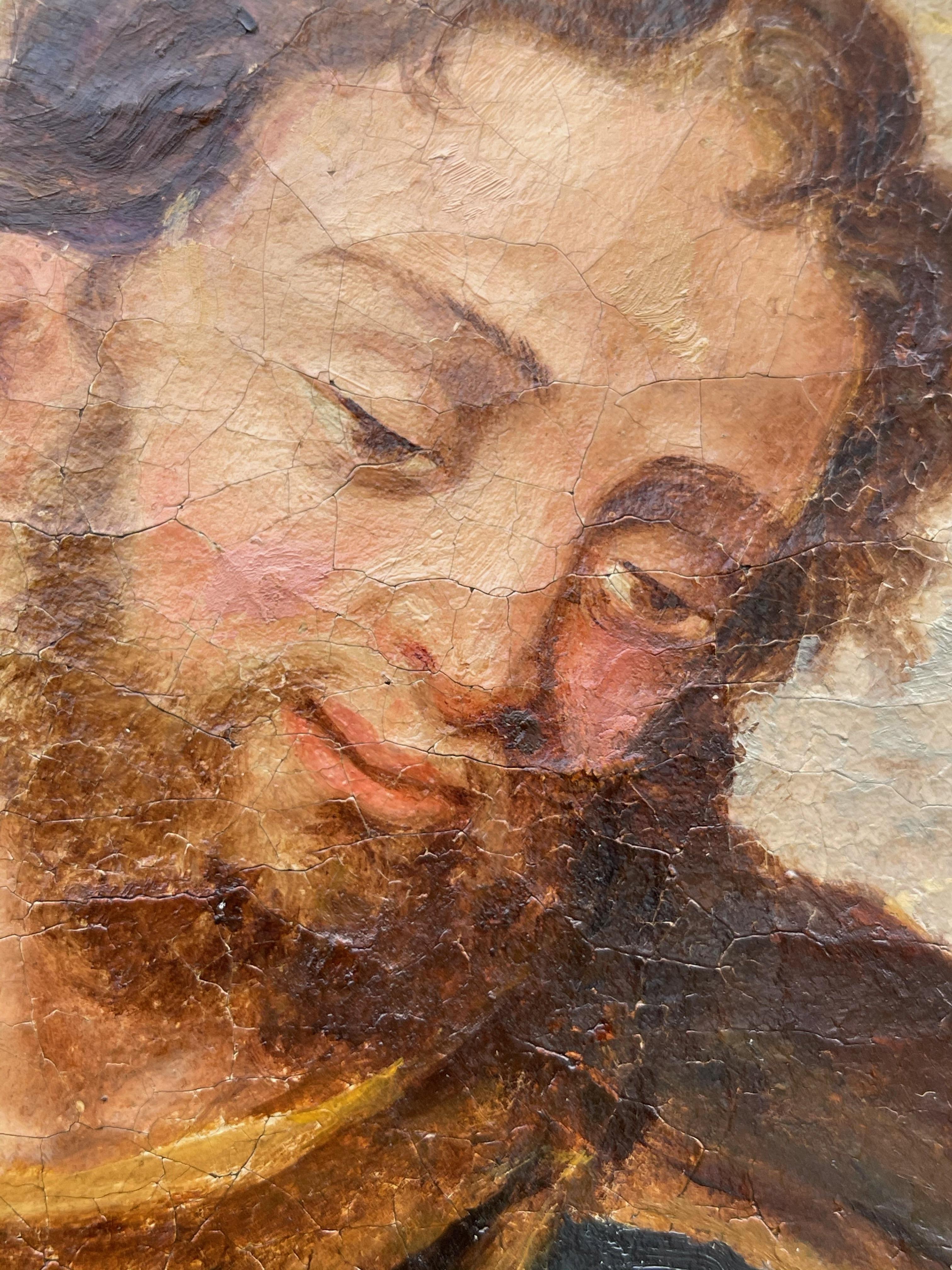Grande peinture ancienne à l'huile sur toile de Saint Joseph W. Lily et l'enfant Jésus Bon état - En vente à Lisse, NL