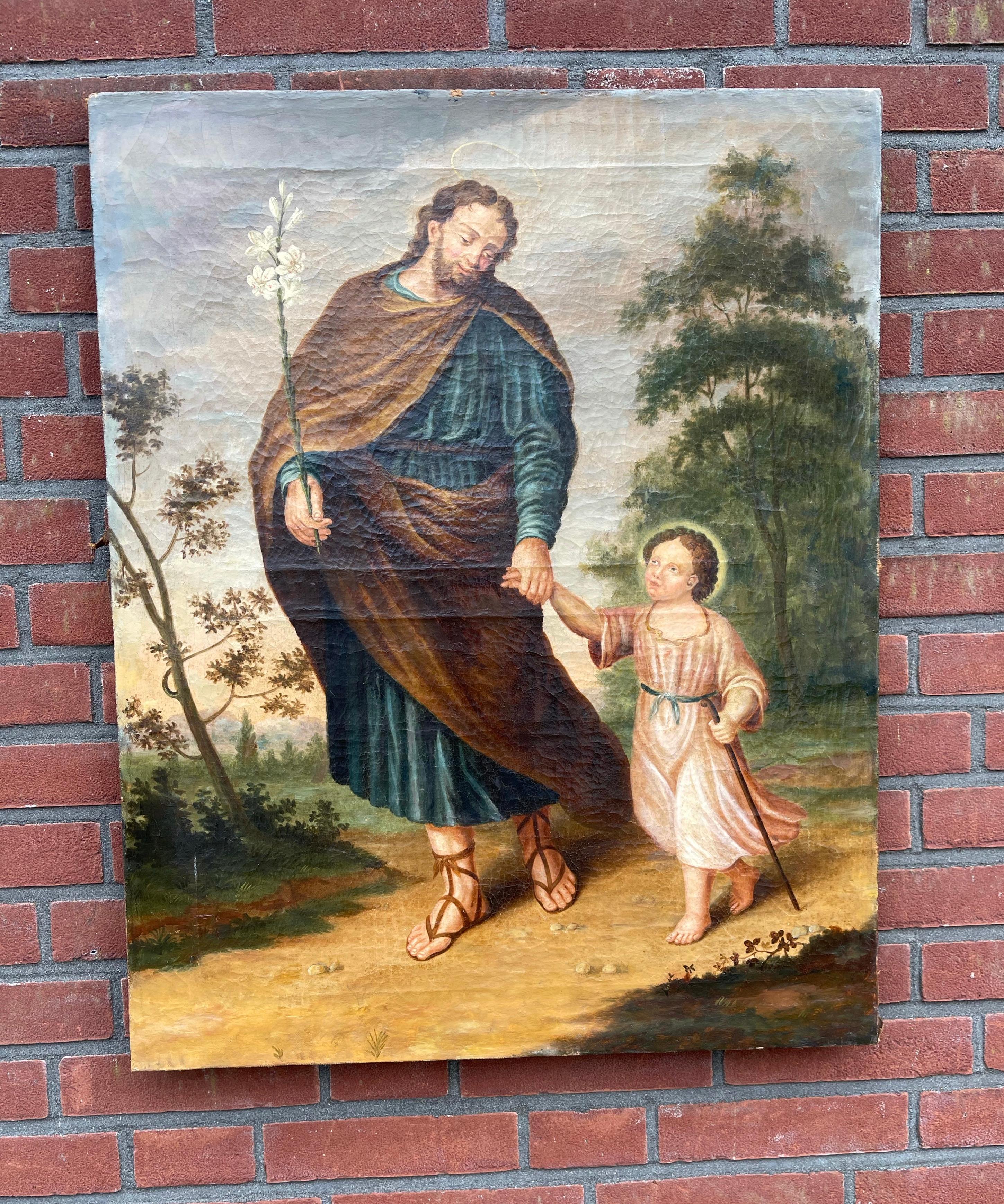 Blackened Large Antique Oil on Canvas Painting of Saint Joseph W. Lily and the Child Jesus For Sale