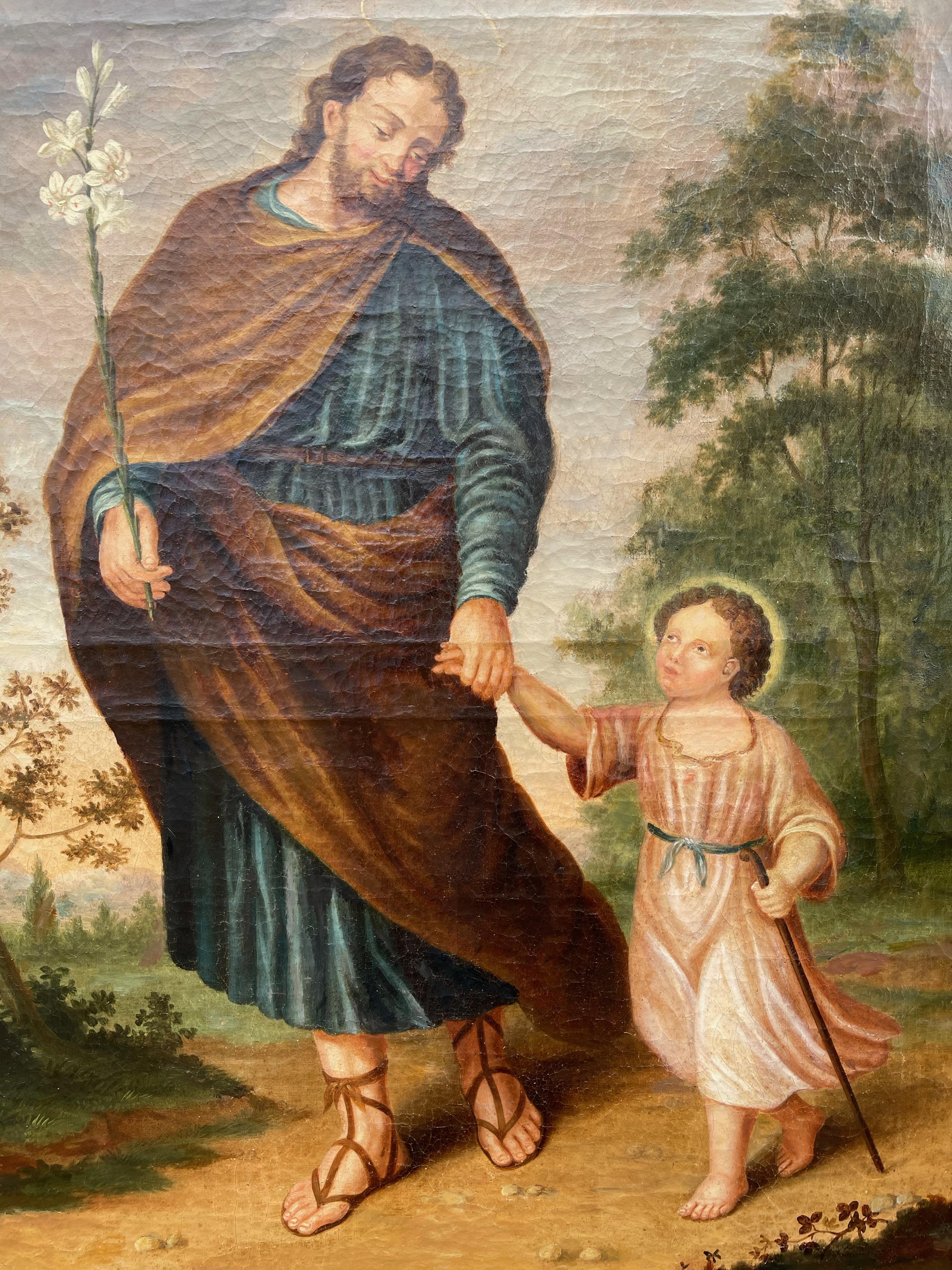 Grande peinture ancienne à l'huile sur toile de Saint Joseph W. Lily et l'enfant Jésus en vente 1