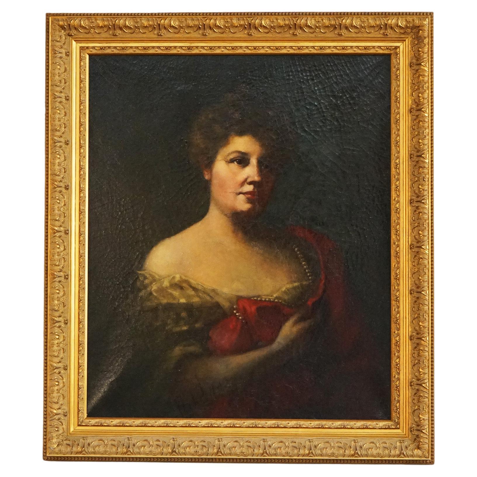 Large Antique Oil On Canvas Portrait Painting of a Woman in Giltwood Frame C1890 For Sale