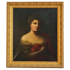Grande huile sur toile ancienne représentant un portrait d'une femme dans un cadre en bois doré, vers 1890
