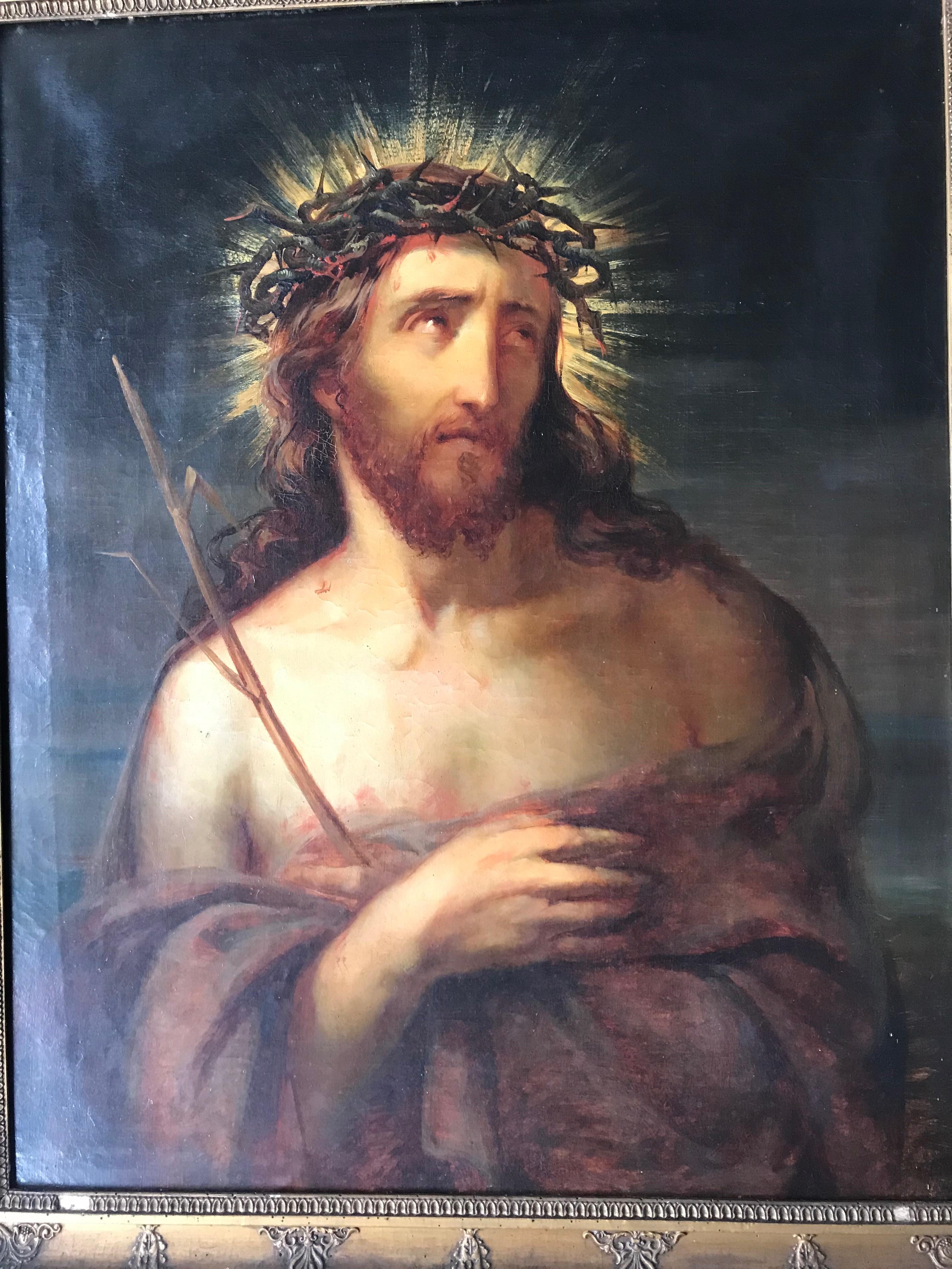 Linen Large Antique Oil on Canvas Portrait Painting of Jesus Christ in Wooden Frame