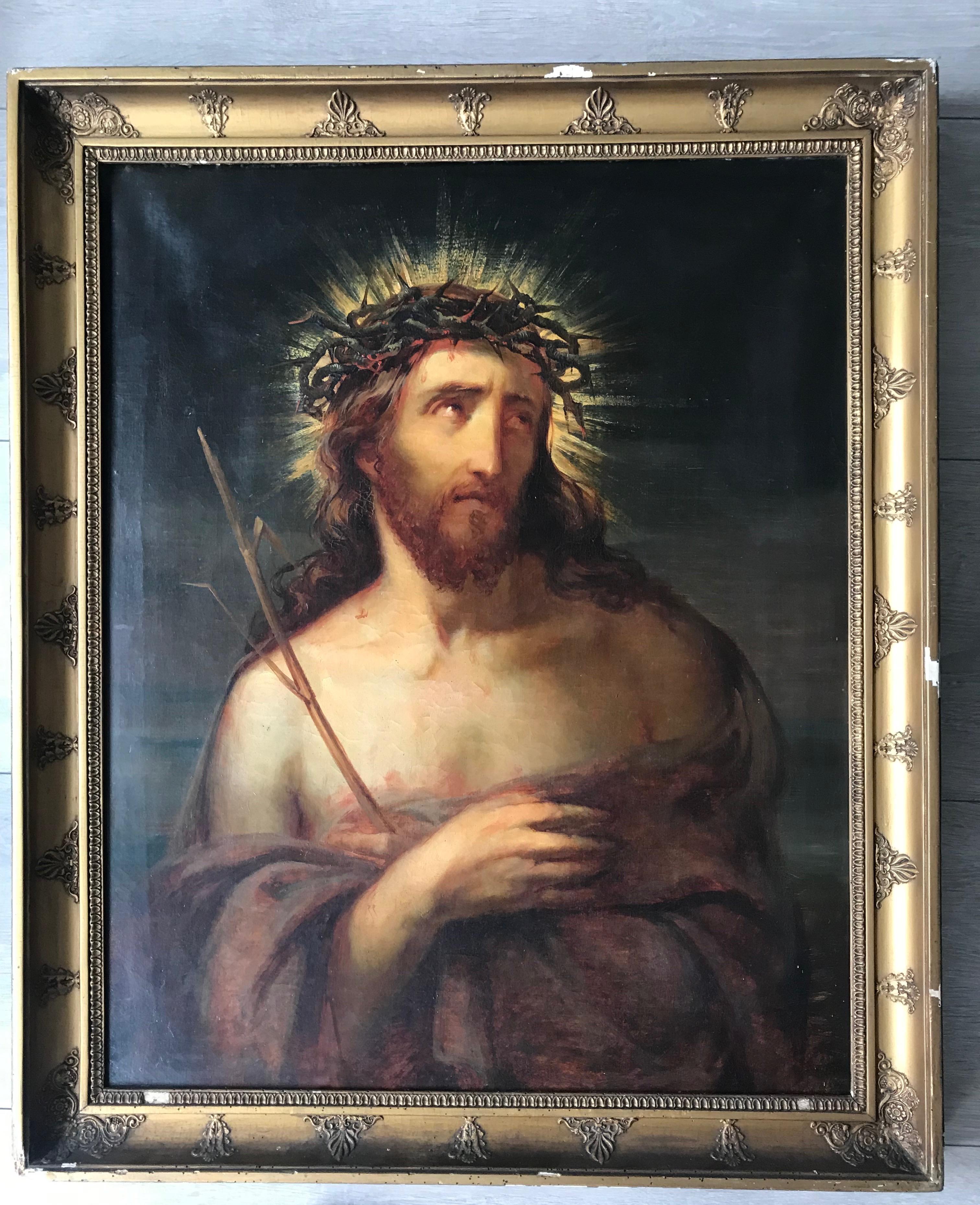 Large Antique Oil on Canvas Portrait Painting of Jesus Christ in Wooden Frame 1