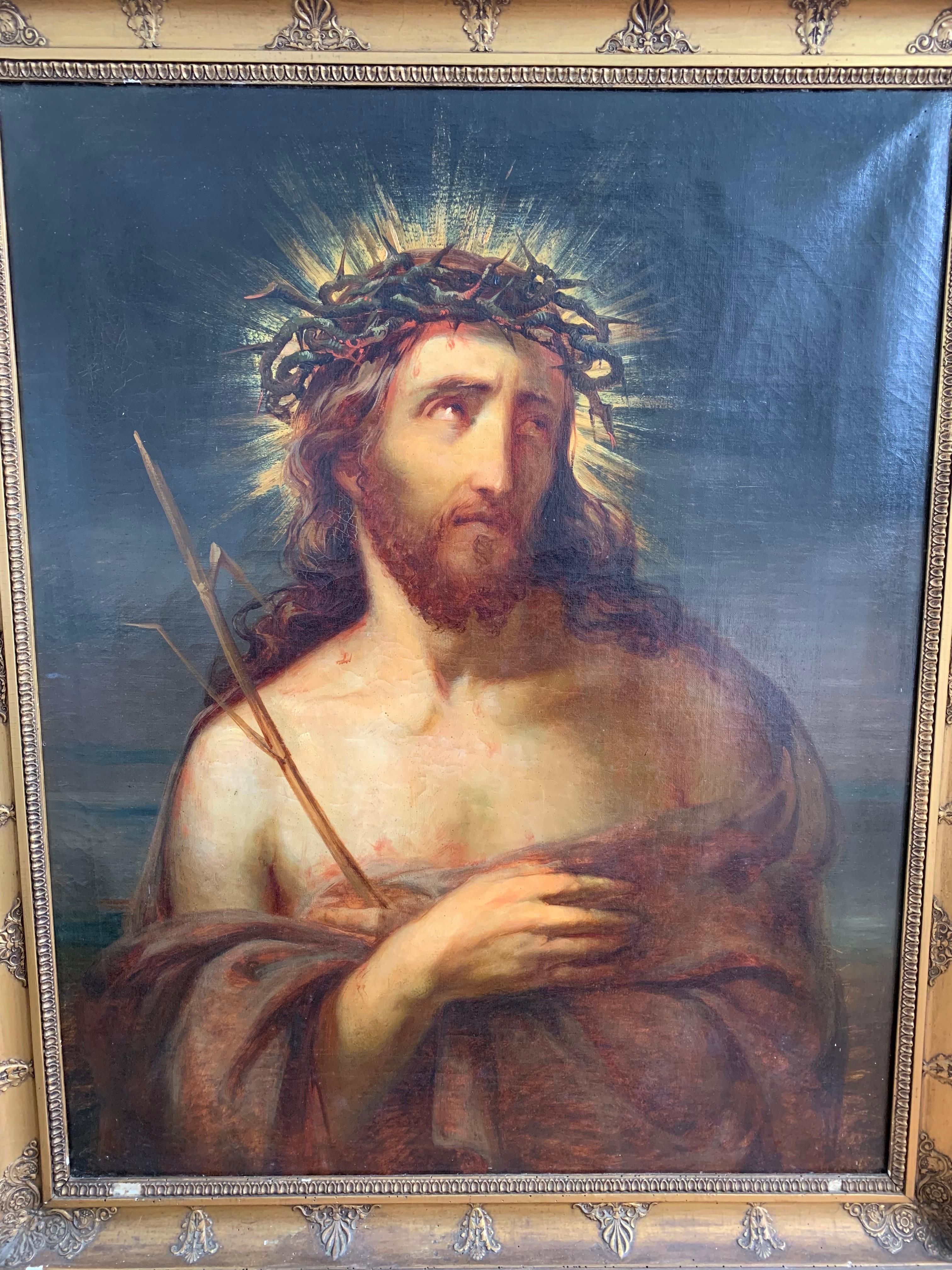 Religious work of art, presented in the original antique frame.

We recently purchased part of a Christian art collection and this unique painting was one of the pride posessions of the former owner. This beautiful and powerful portrait of Christ is