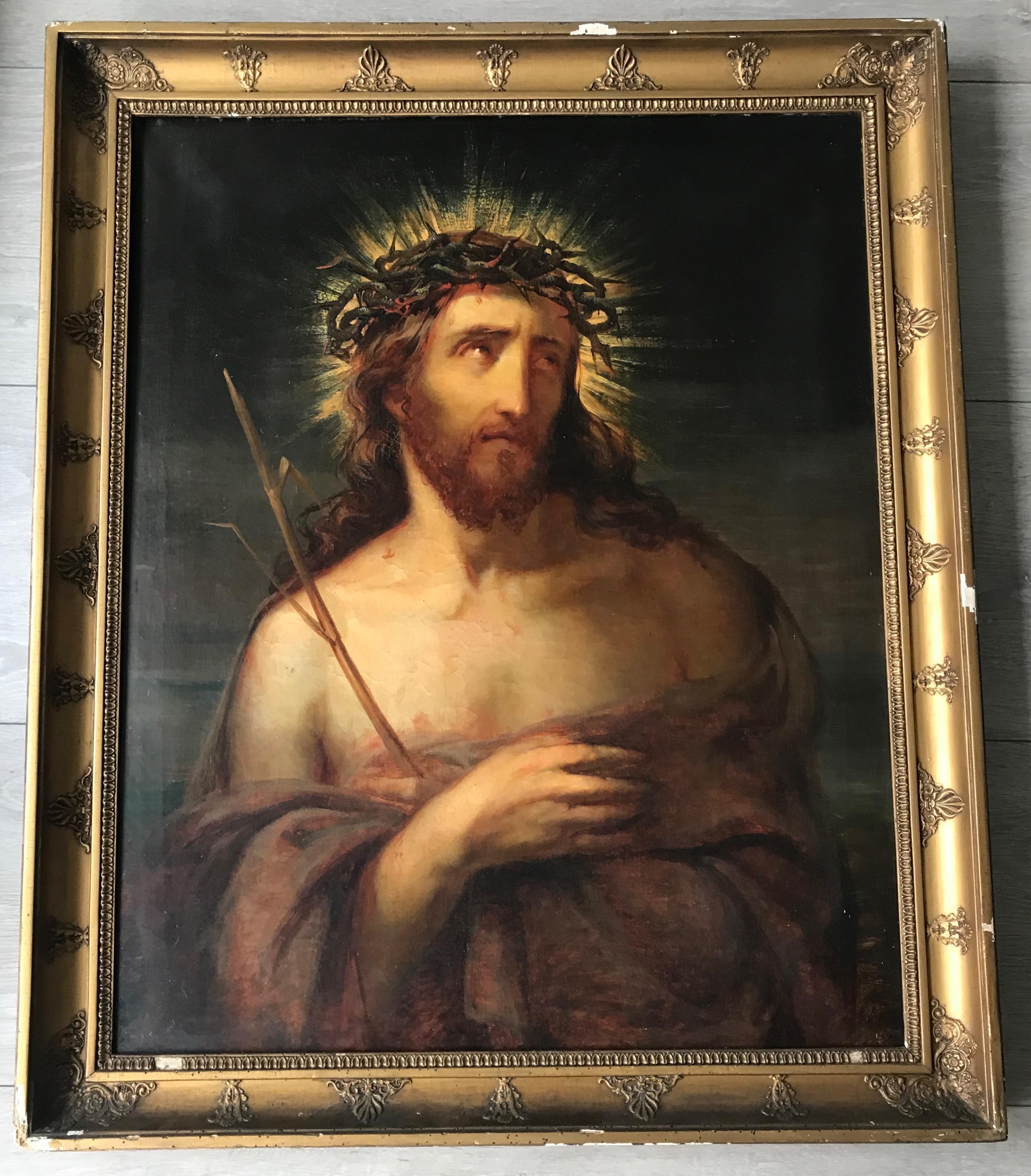 Large Antique Oil on Canvas Portrait Painting of Jesus Christ in Wooden Frame 9
