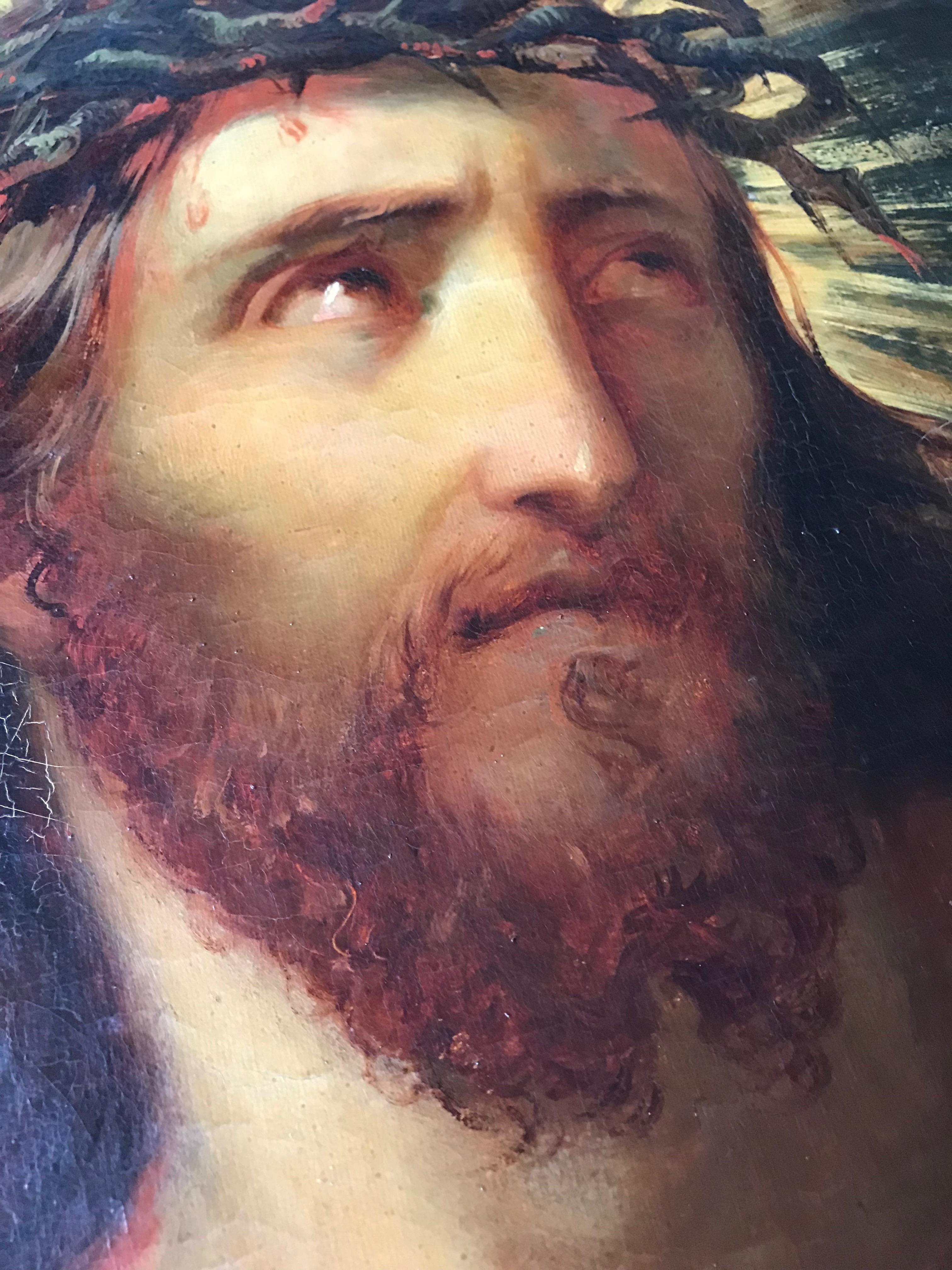 Large Antique Oil on Canvas Portrait Painting of Jesus Christ in Wooden Frame In Fair Condition In Lisse, NL