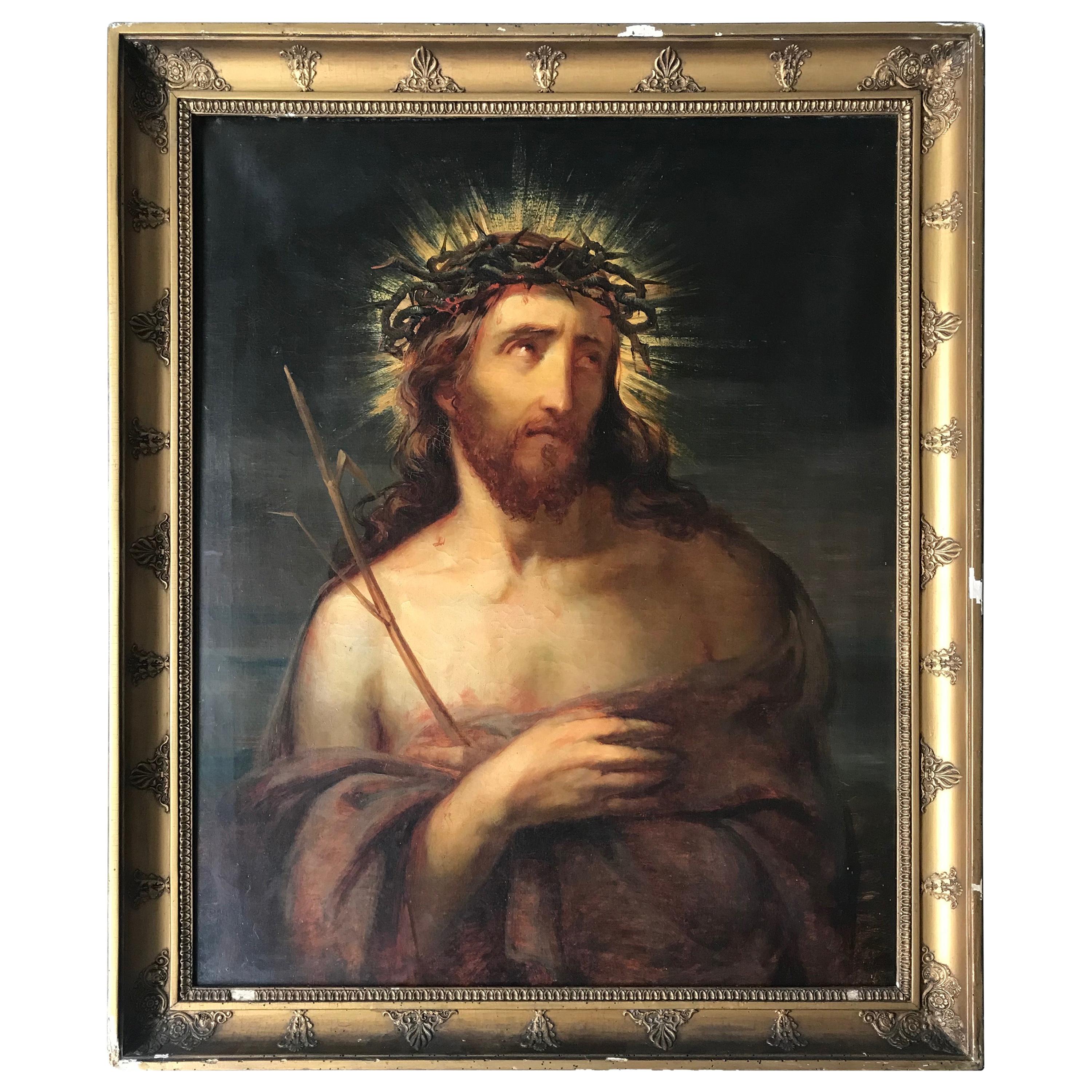 Large Antique Oil on Canvas Portrait Painting of Jesus Christ in Wooden Frame