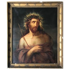 Grande huile ancienne sur toile - Portrait de Jésus-Christ dans un cadre en bois