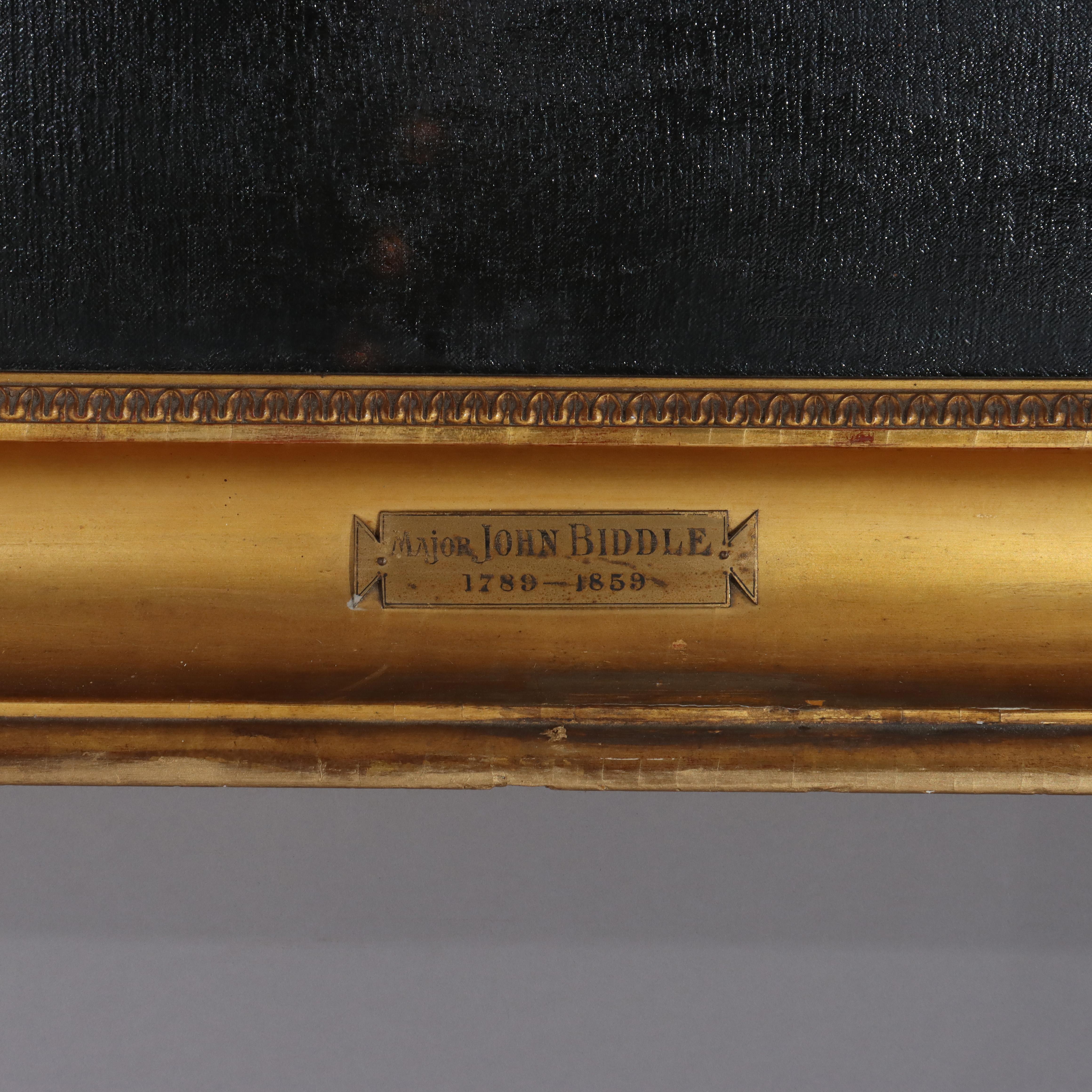Große antike Öl auf Leinwand Porträtmalerei von Major John Biddle Unsigned 1818.     
Maße - 36 1/2