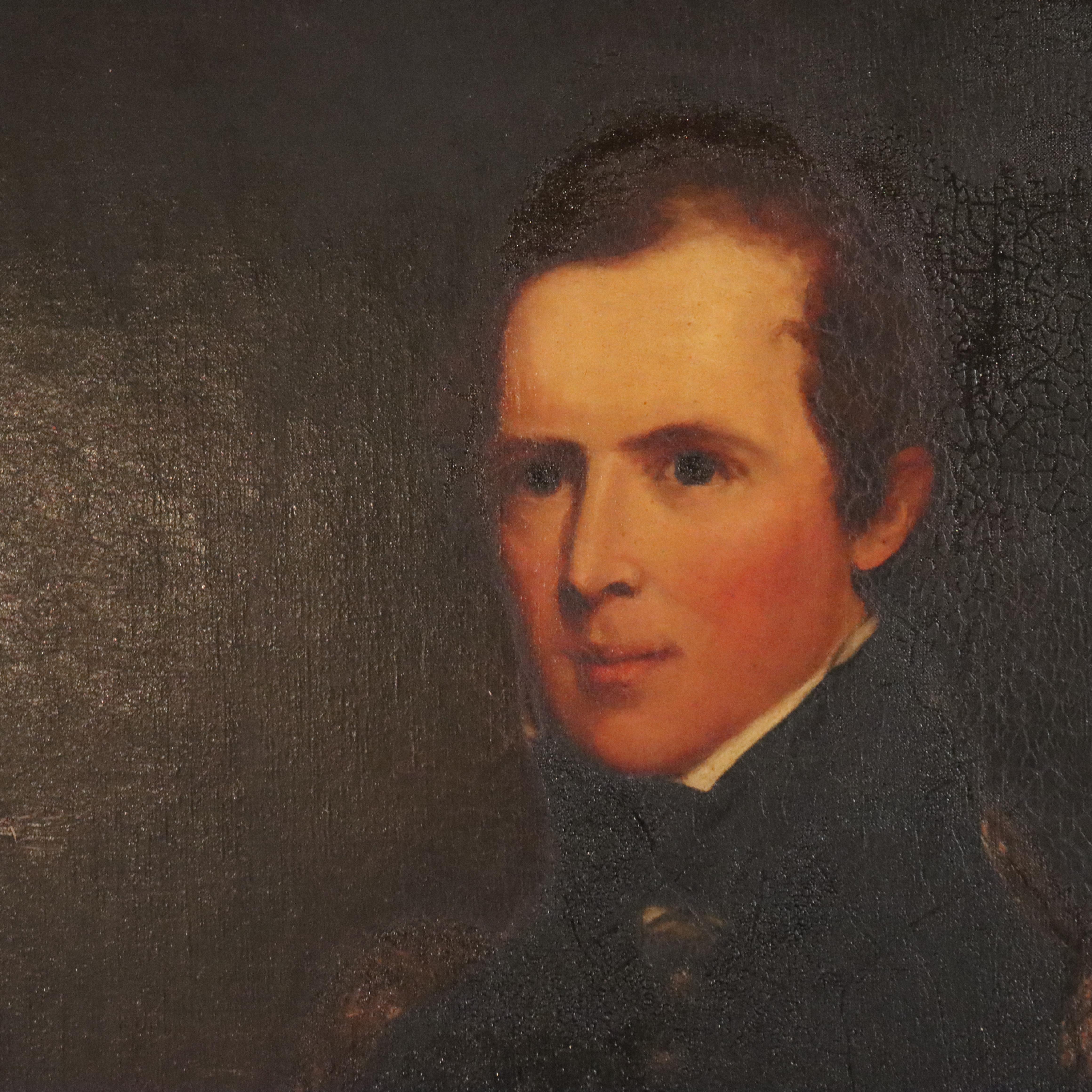 Großes antikes Öl auf Leinwand Porträtgemälde von Major John Biddle Unsigned 1818 im Zustand „Gut“ im Angebot in Big Flats, NY