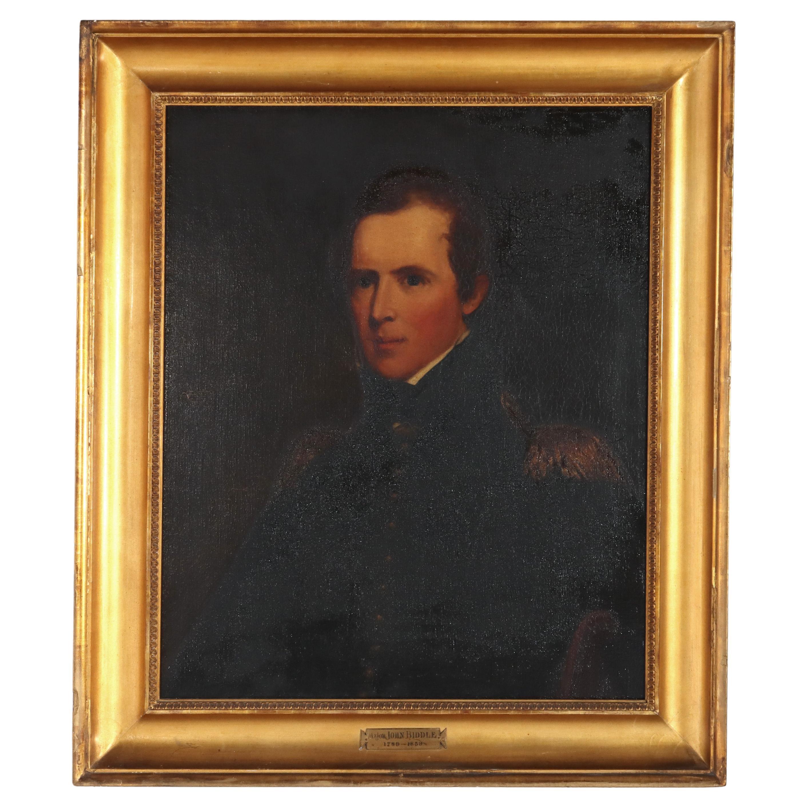 Großes antikes Öl auf Leinwand Porträtgemälde von Major John Biddle Unsigned 1818