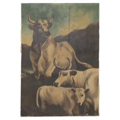Large Antique Oil on Canvas Western Themed Painting of Steers C1900