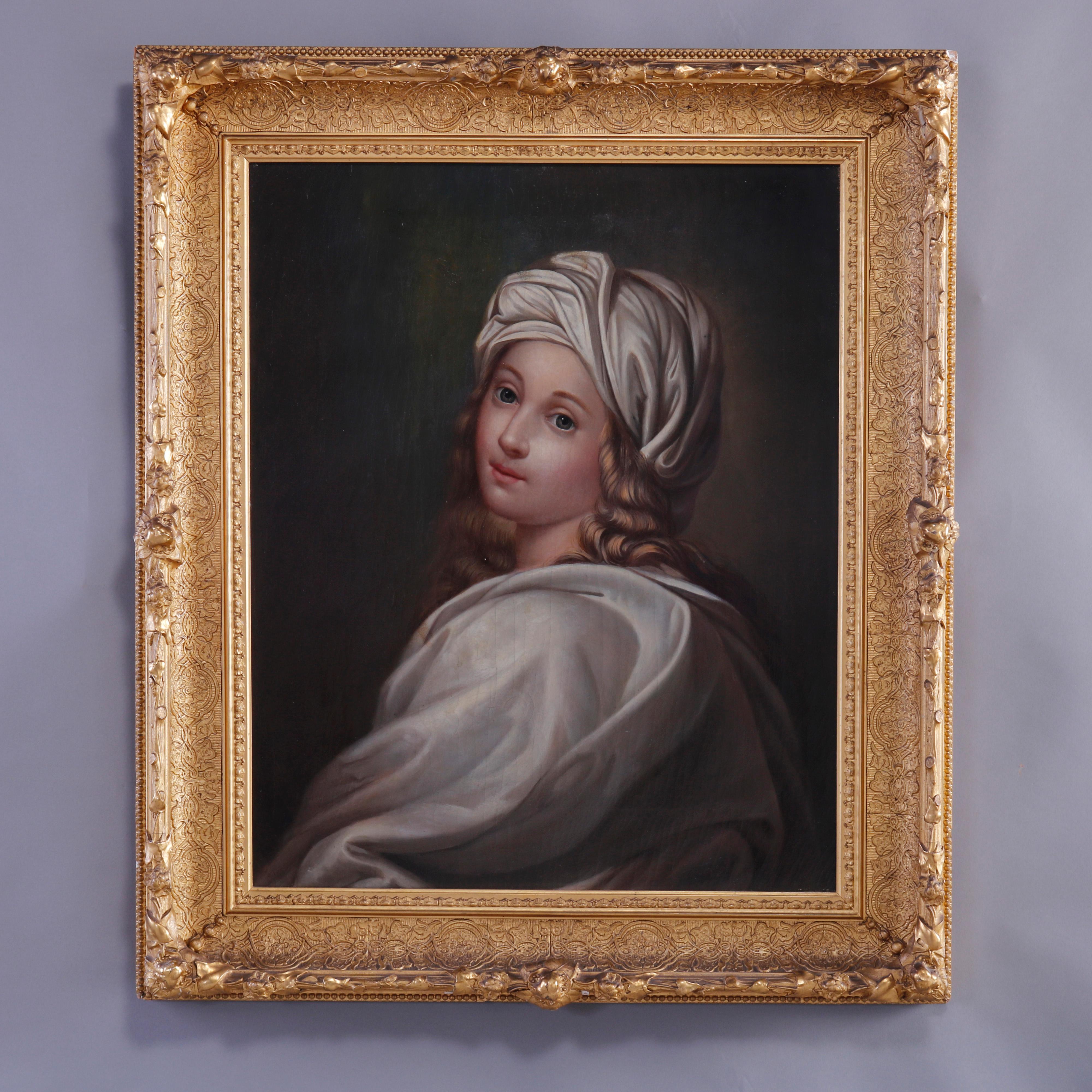 An antique painting offers oil on canvas of Girl in White Turban old master copy, artist unknown, seated in giltwood frame, 19th century

Measures - 35''h x 30''w x 3''d; sight 26.5