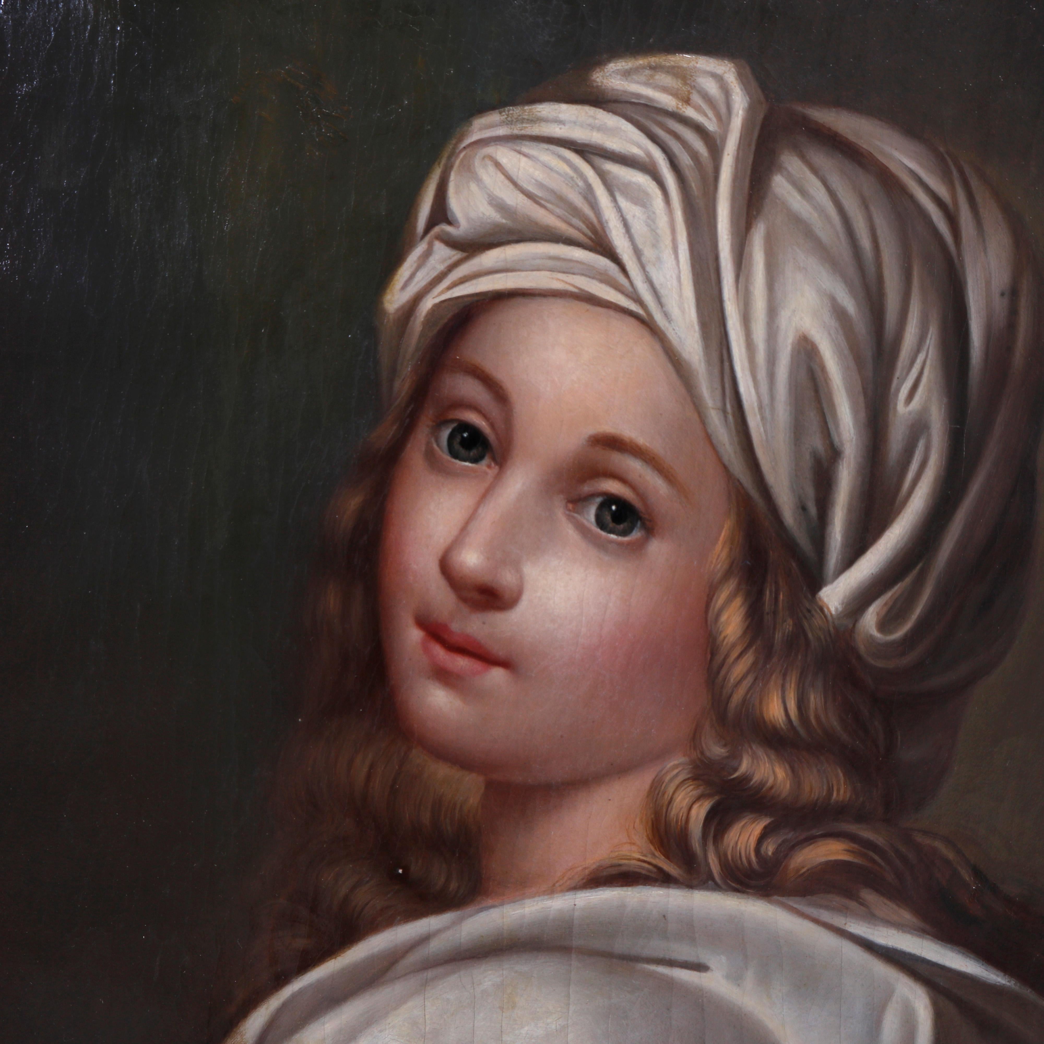 Hand-Painted Antique Oil on Canvas Painting, Girl in White Turban Old Master Copy, circa 1850
