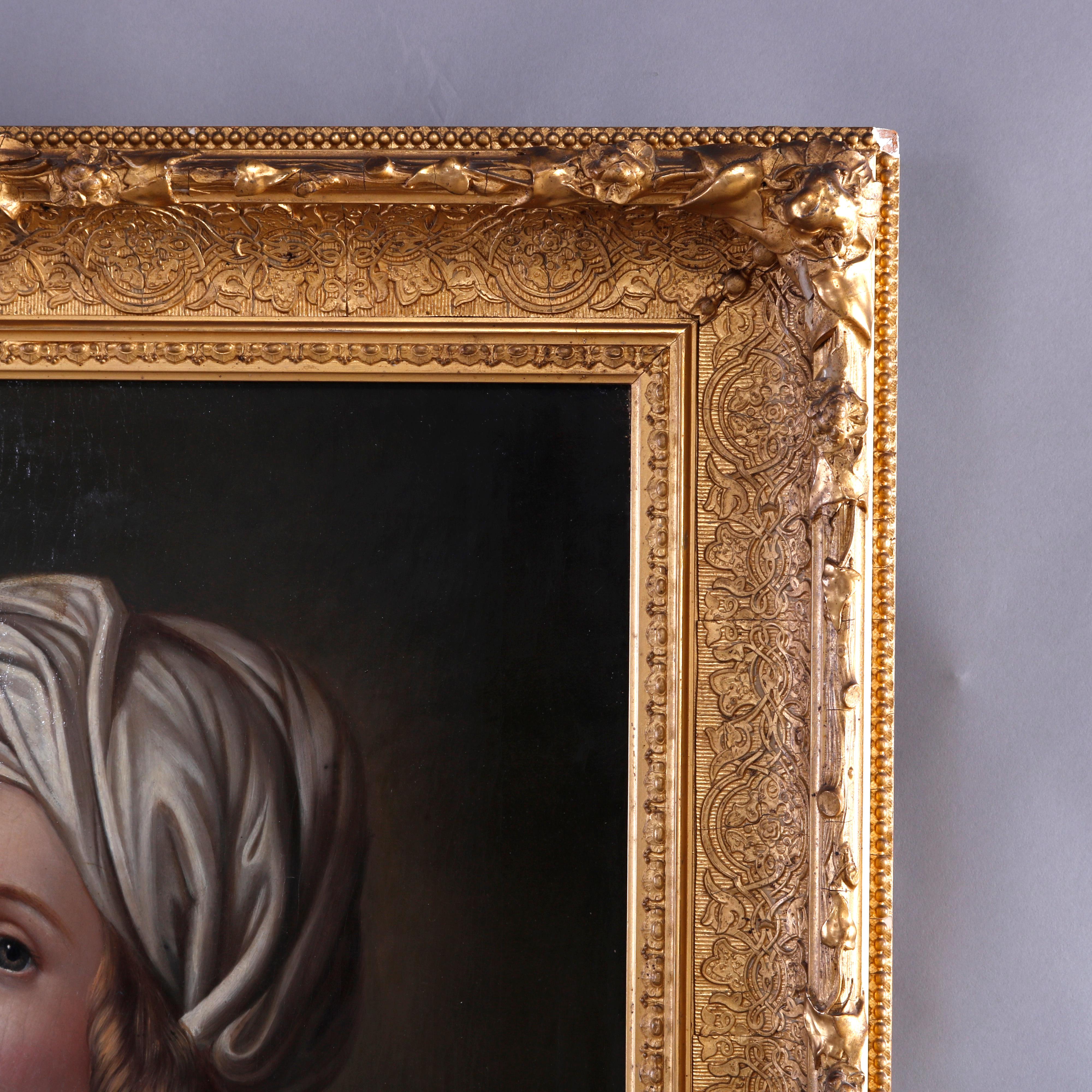 Antique Oil on Canvas Painting, Girl in White Turban Old Master Copy, circa 1850 In Good Condition In Big Flats, NY