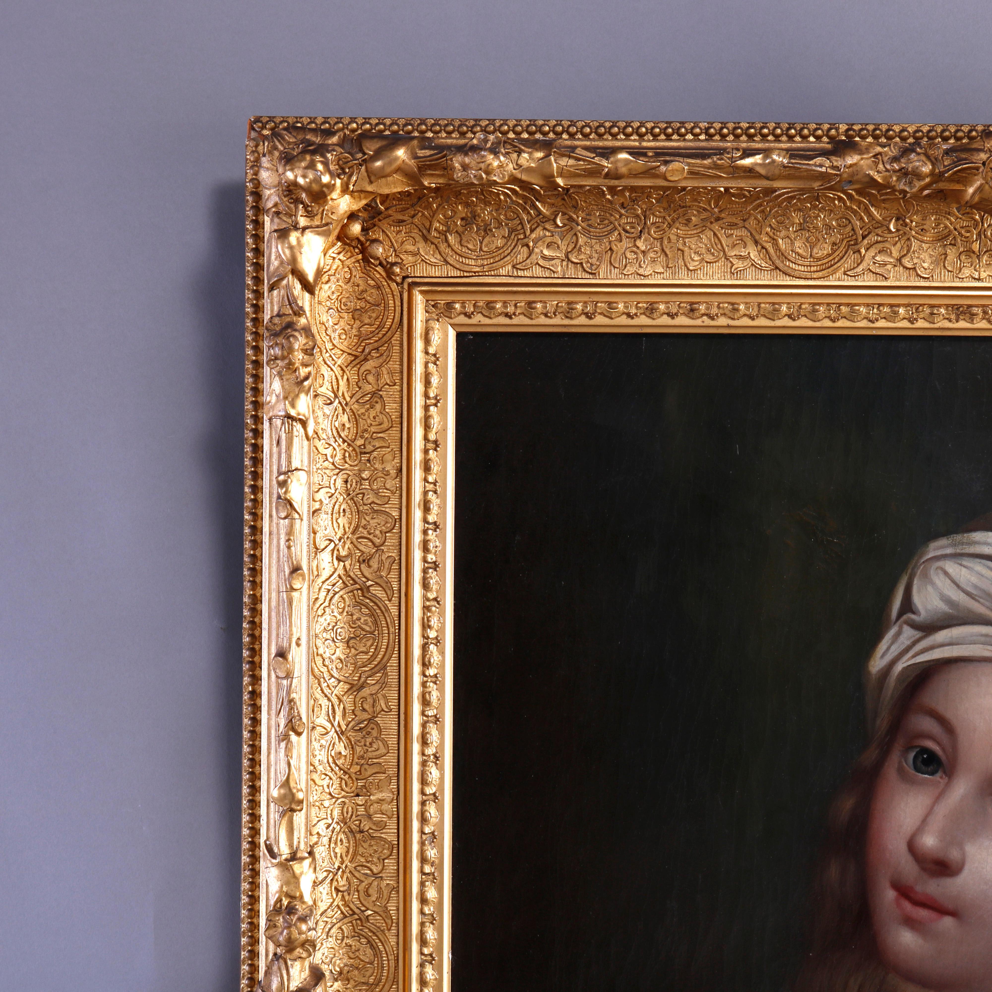 Antique Oil on Canvas Painting, Girl in White Turban Old Master Copy, circa 1850 1