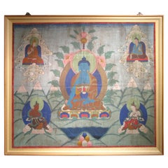 Large Antique Oil on Linen Blue Medicine Buddha Painting