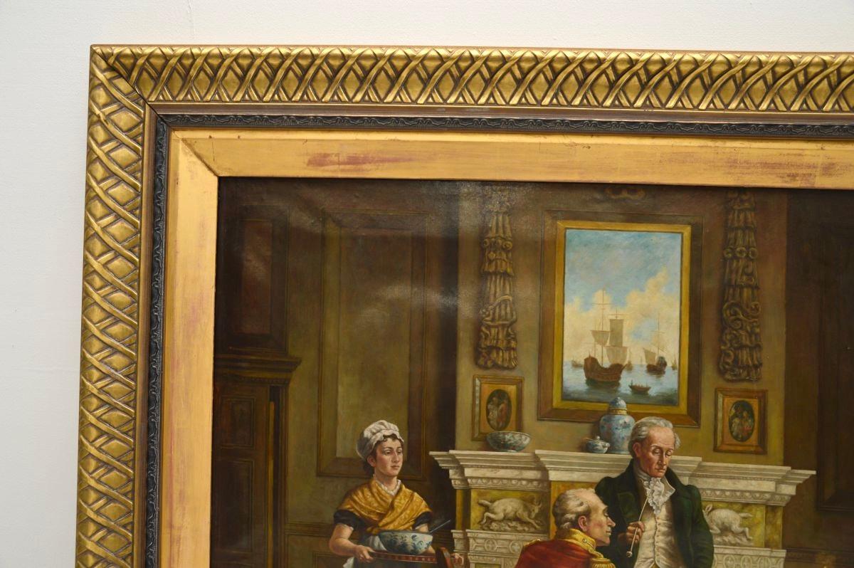 Une fantastique grande peinture à l'huile ancienne de J.R. Reeves. Il a été fabriqué en Angleterre et, à en juger par le style des vêtements et des meubles, il semble dater de la période 1800-1820.

Il est magnifiquement exécuté, avec des détails