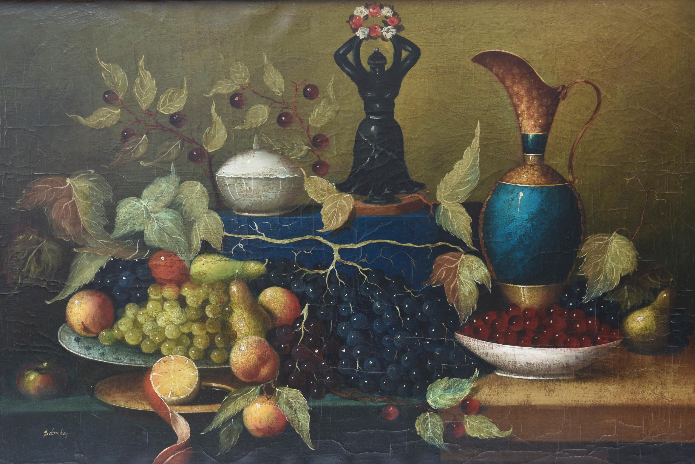 A fresh and vibrantly painted oil on canvas, signed lower left hand corner. Newly re-framed and when peeled back reveals the older canvas and original condition. The pretty scene features lush fruits, porcelain objects and figurines. Please see the