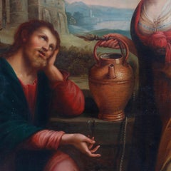 Grand tableau ancien de maître ancien représentant le Christ et la femme samaritaine au puits
