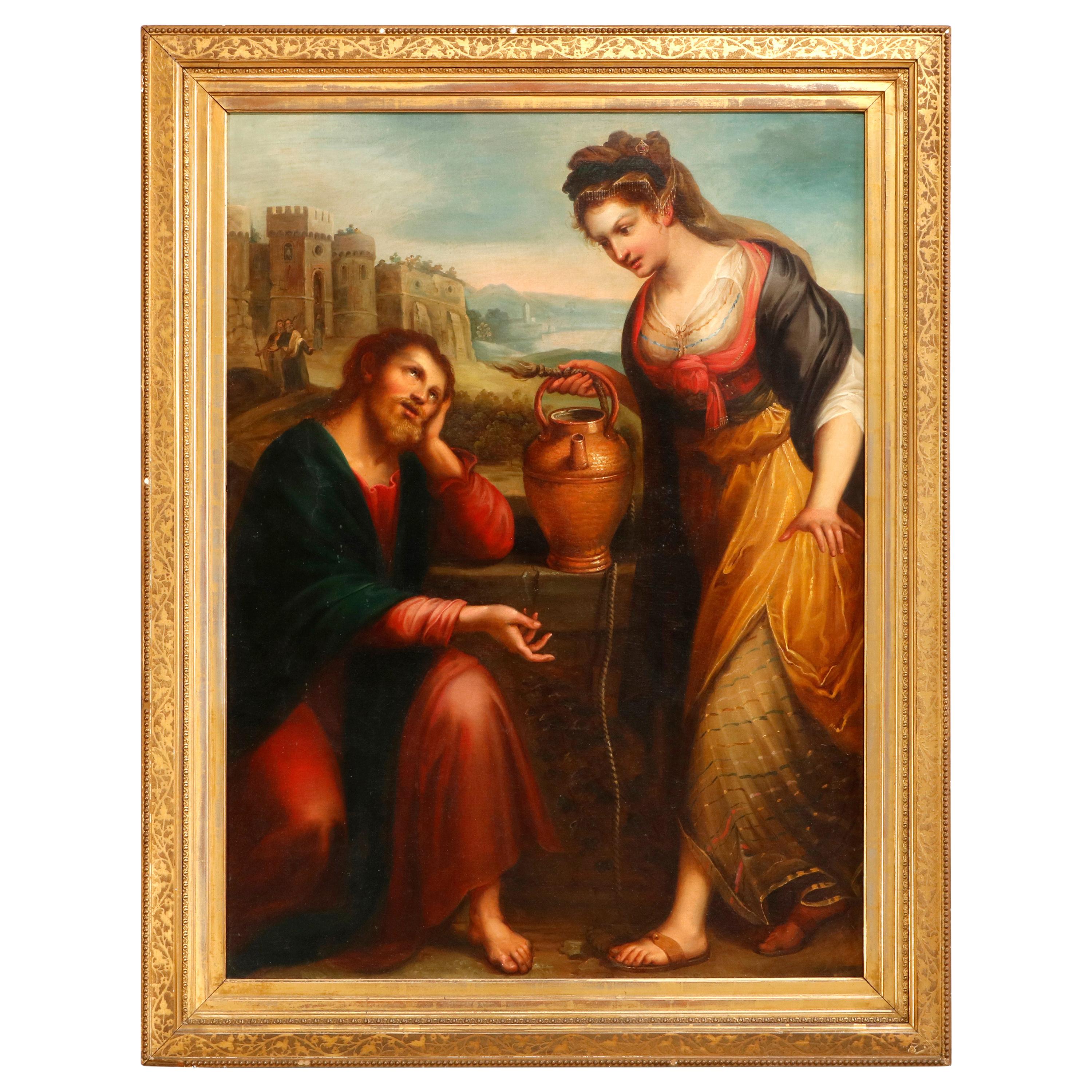 Large Antique Old Master Painting of Christ and Samaritan Woman at the Well