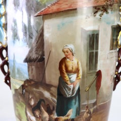 Large Antique Old Paris Porcelain Scenic Vase With Cord Access Lamp Base c1890